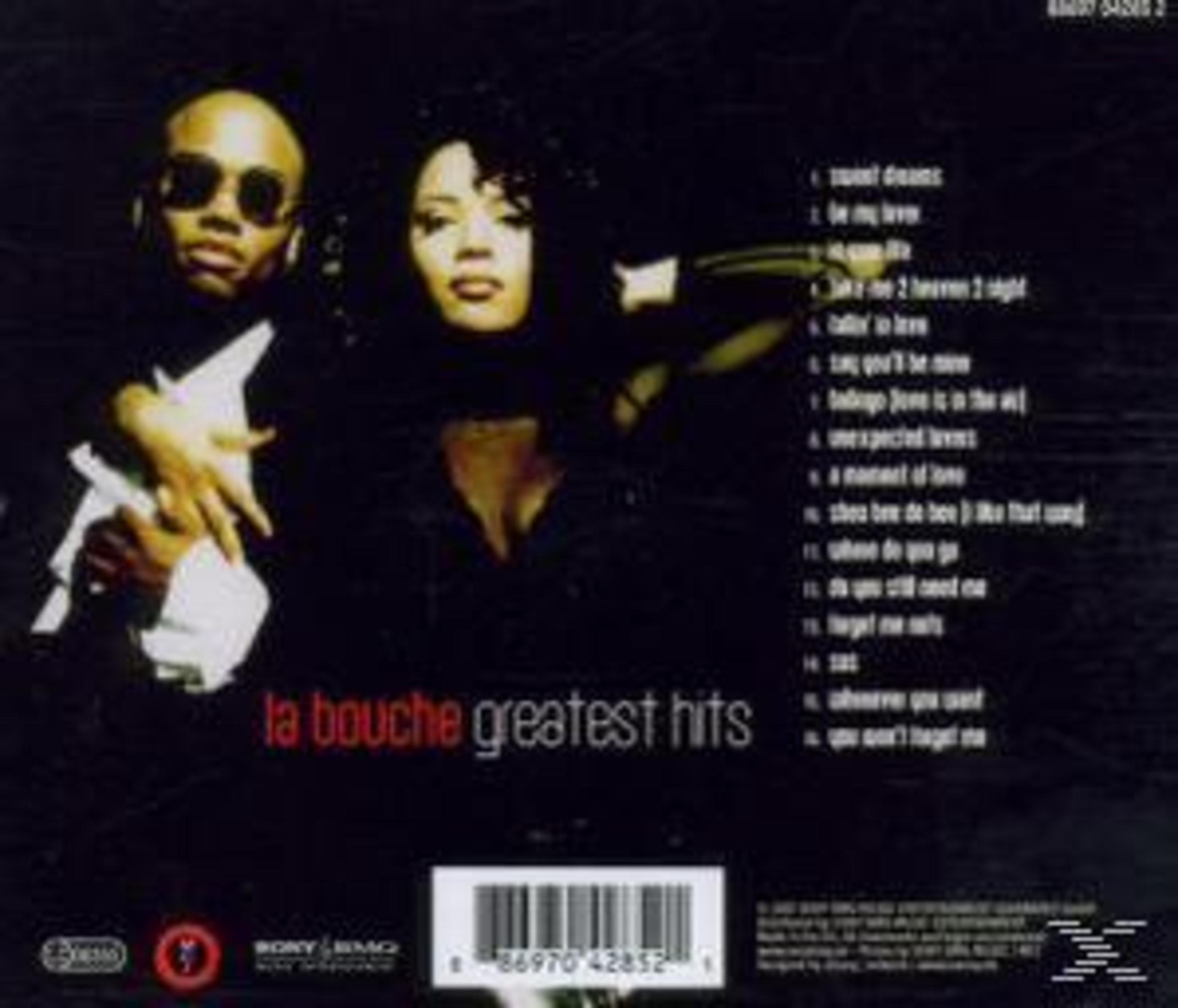 Rückseite des CD-Covers von La Bouche Greatest Hits mit Porträt, Tracklist und Barcode.