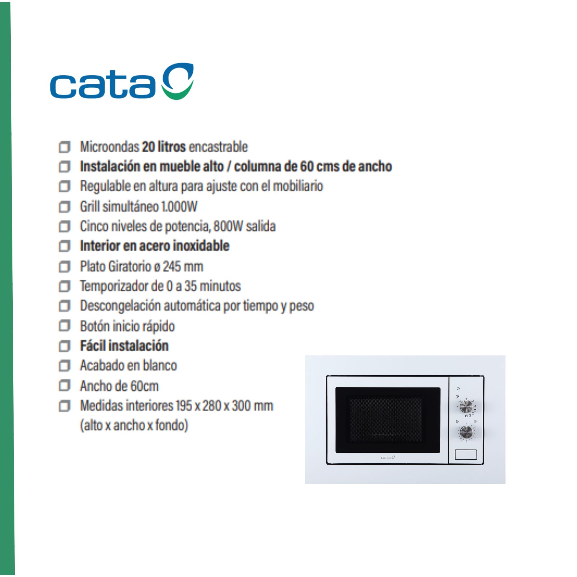 Hoja de especificaciones de microondas Cata con unidad blanca empotrada y detalles técnicos en blanco.
