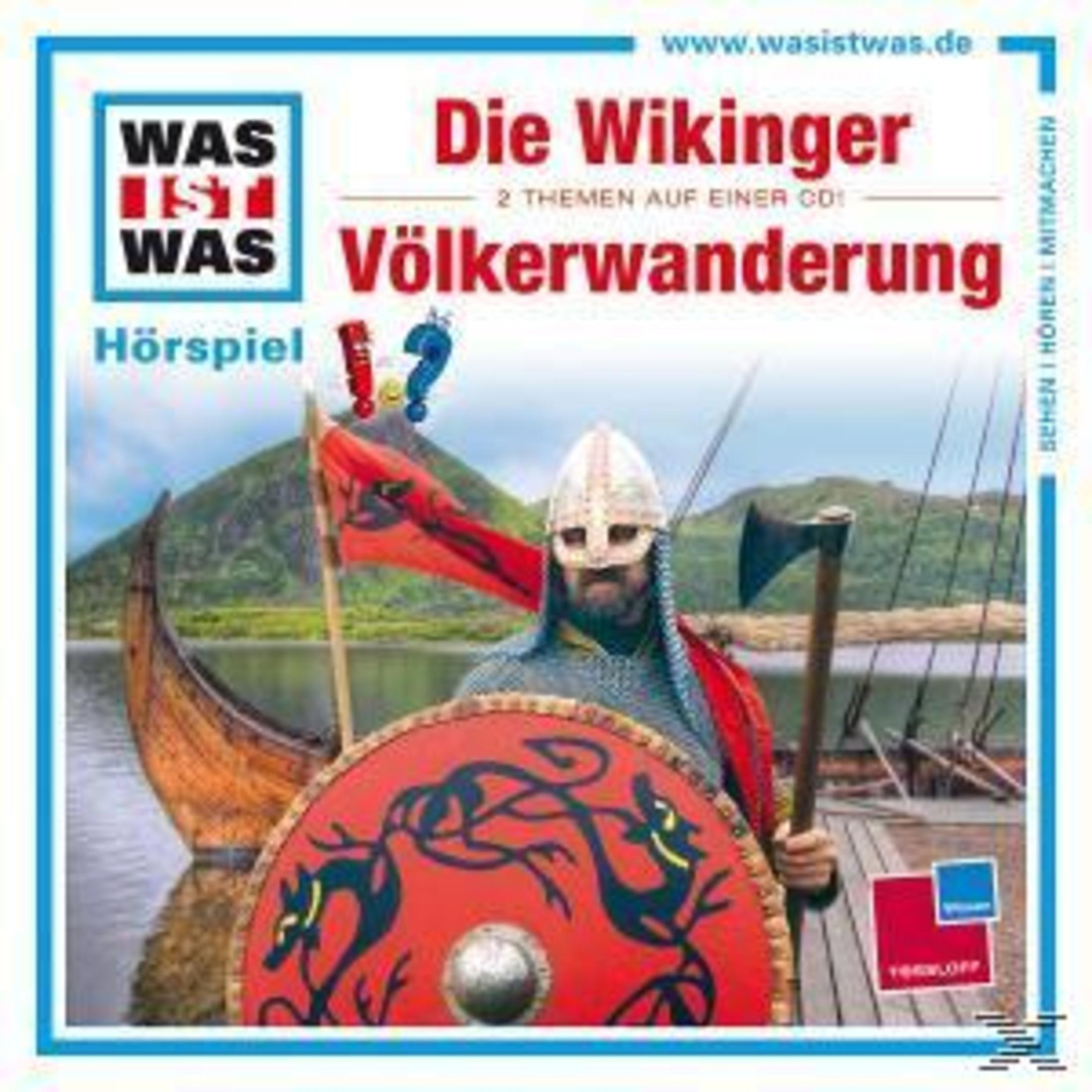 Ein Wikinger mit Schild und Axt steht vor einem Wikingerschiff, umgeben von grünen Bergen.