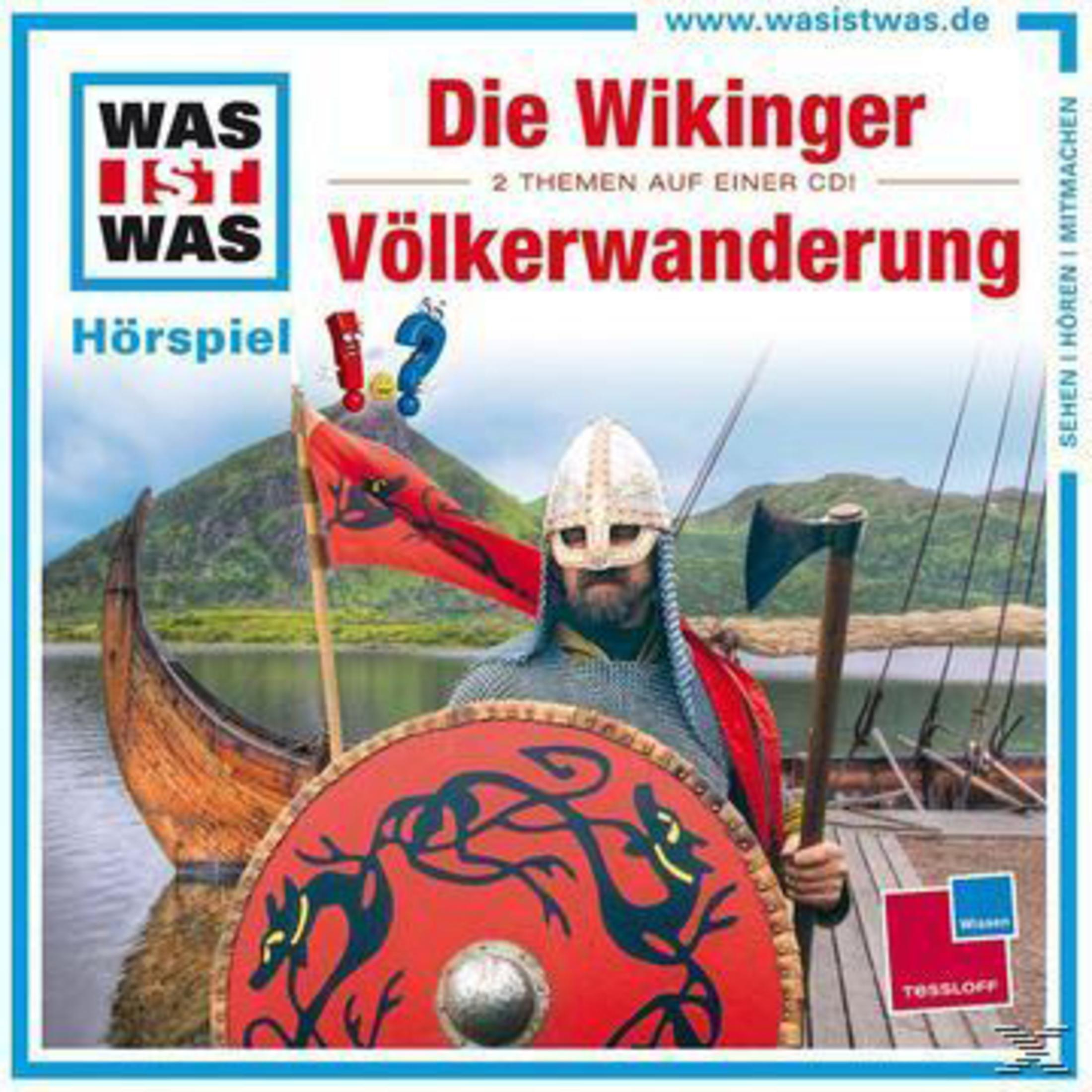 Wikinger in Rüstung mit Schild, Axt und roter Flagge vor einem Wikingerschiff und See.
