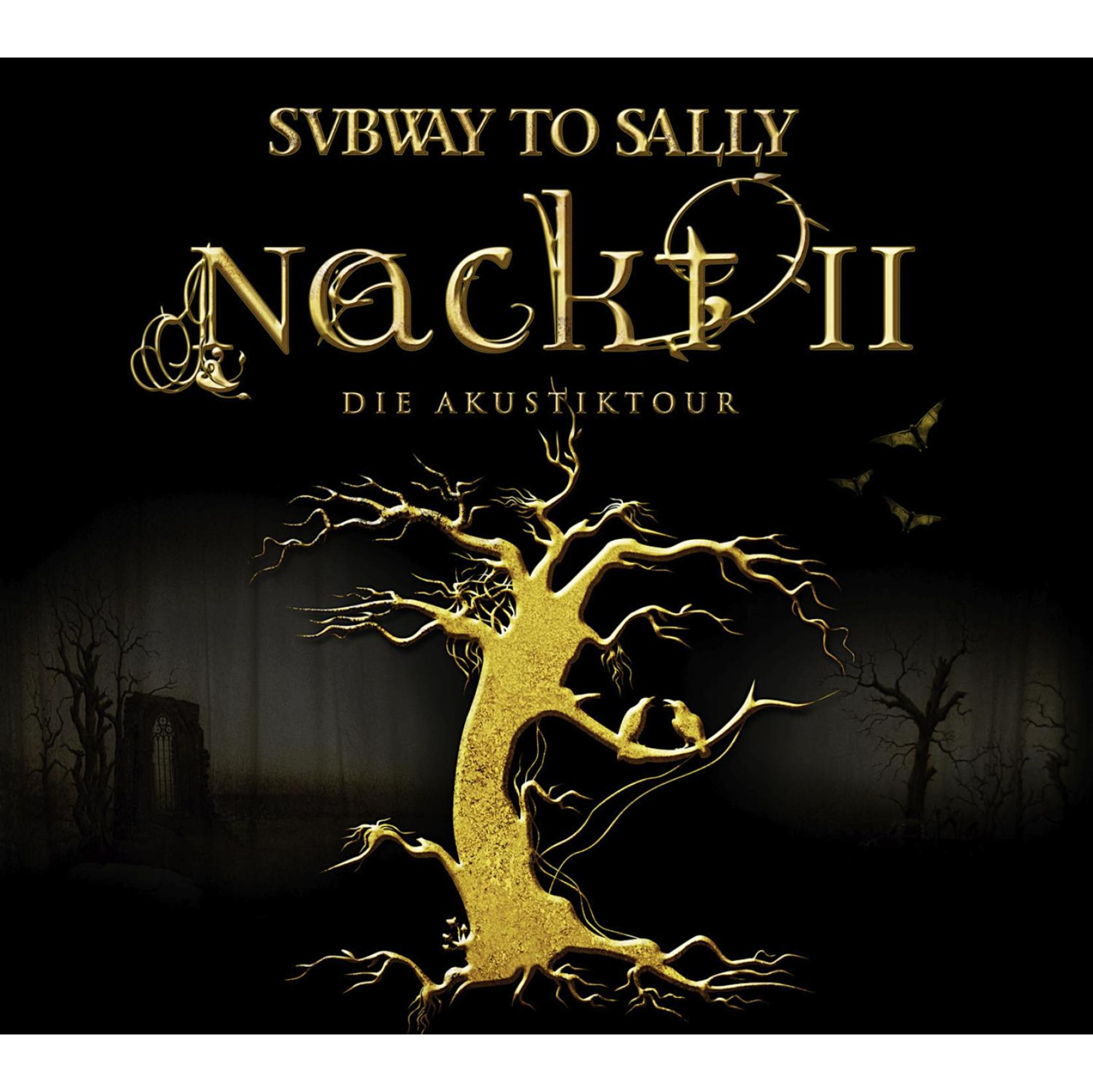 Albumcover von Subway to Sally mit goldener Schrift, goldenem Baum und Vögeln auf schwarzem Hintergrund.