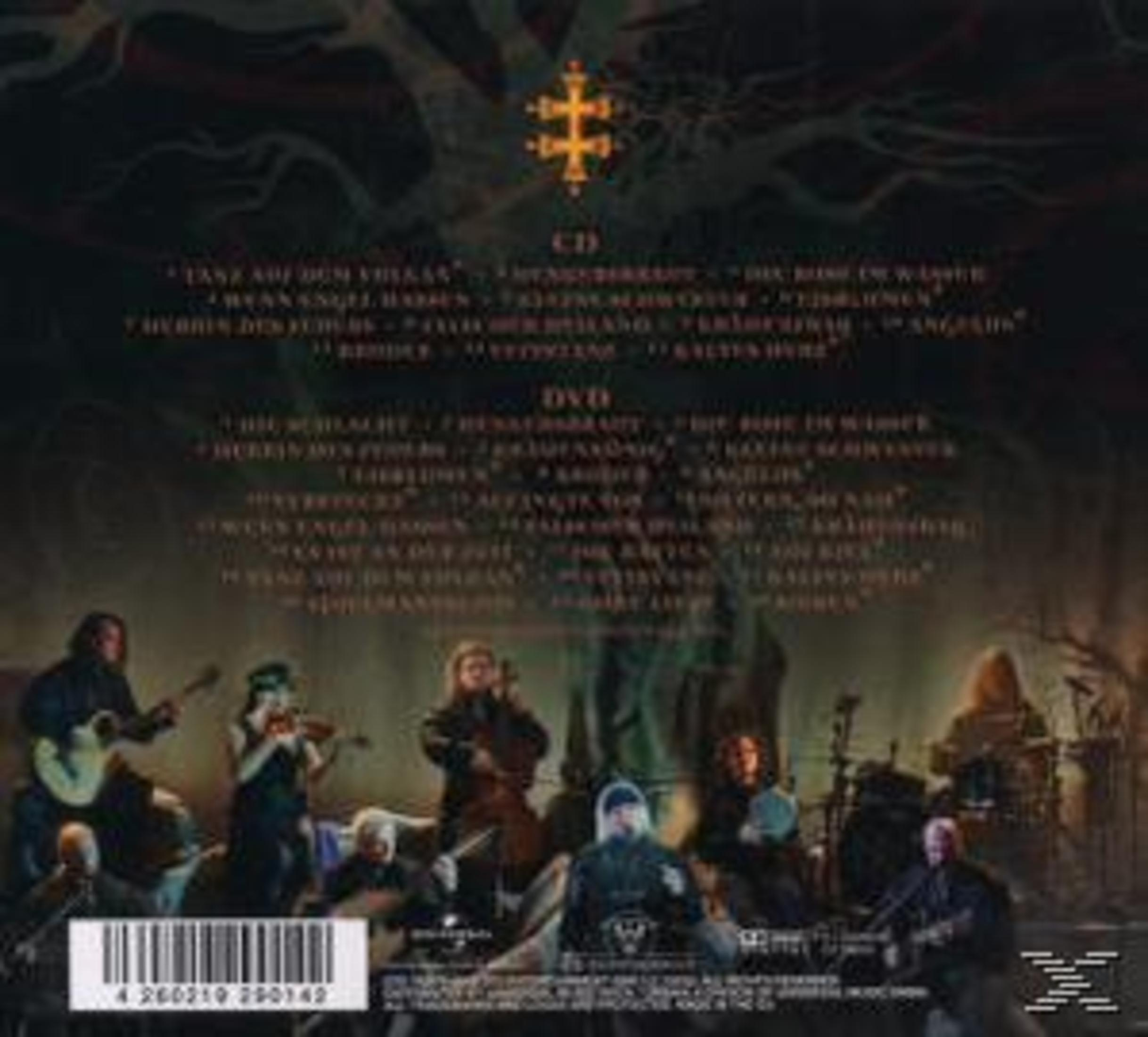 Rückseite einer Musik-CD oder DVD mit Tracklisten, einem gelben Kreuz oben und einer Band im Hintergrund.