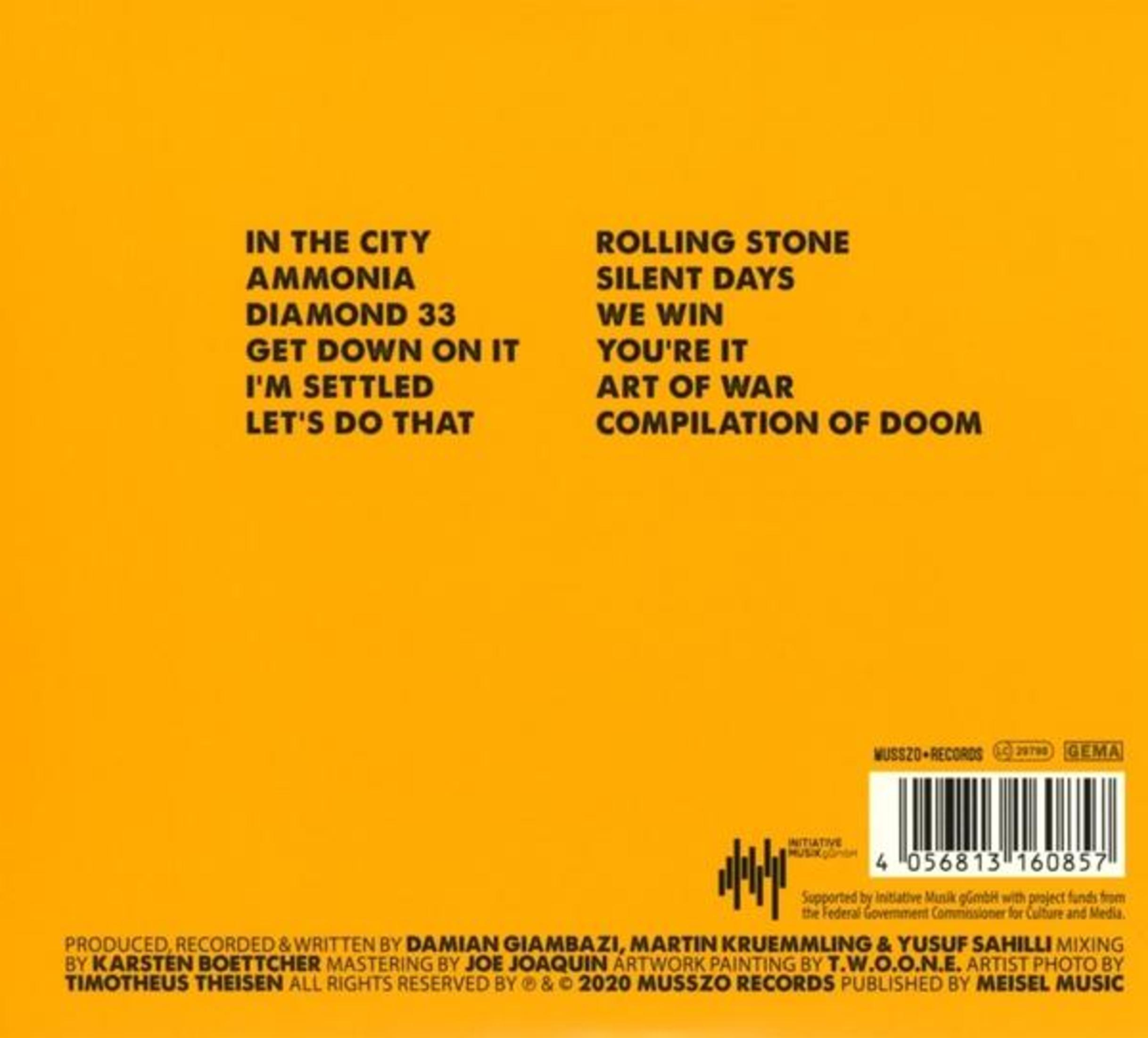 Gelbes Album-Backcover mit Titelliste, Barcode und Produktionscredits.