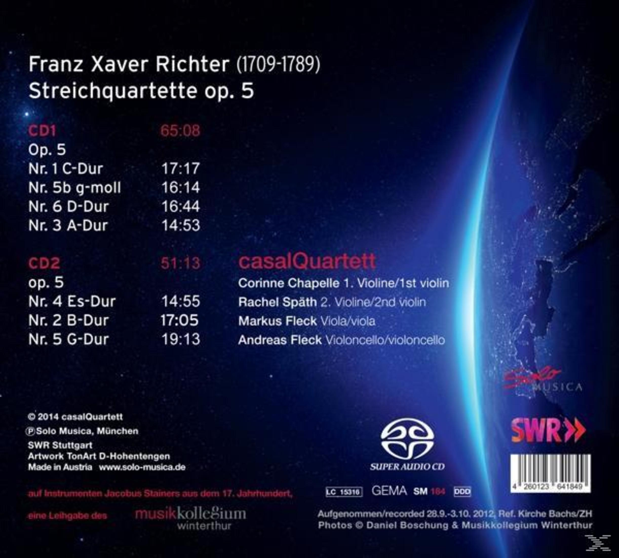 Rückseite einer CD-Hülle für Franz Xaver Richters Streichquartette op. 5, gespielt vom casalQuartett.