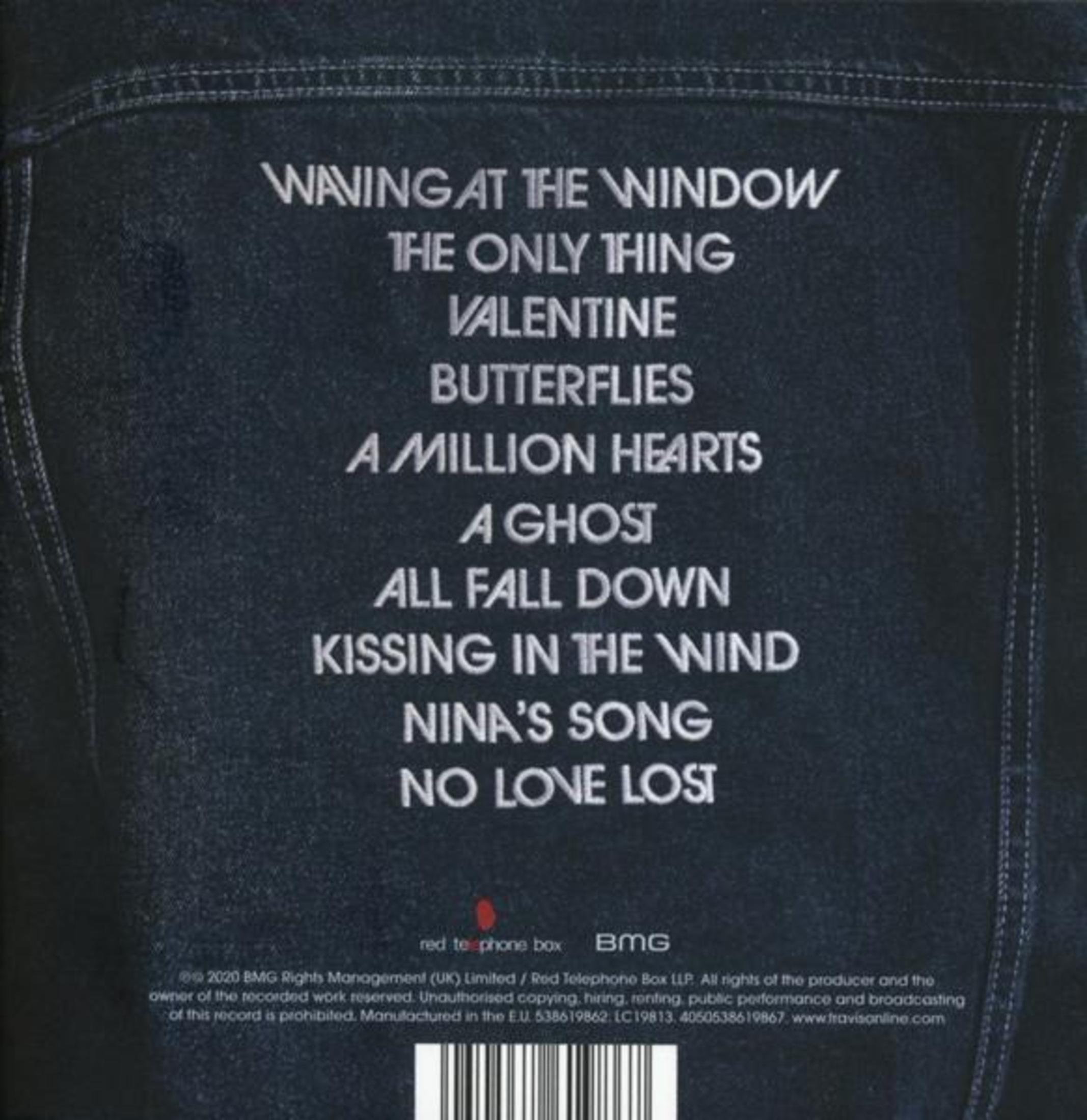 Titelliste auf dunkelblauem Jeansstoff in weißer Schrift, mit rotem Logo, Copyright-Text und Barcode.