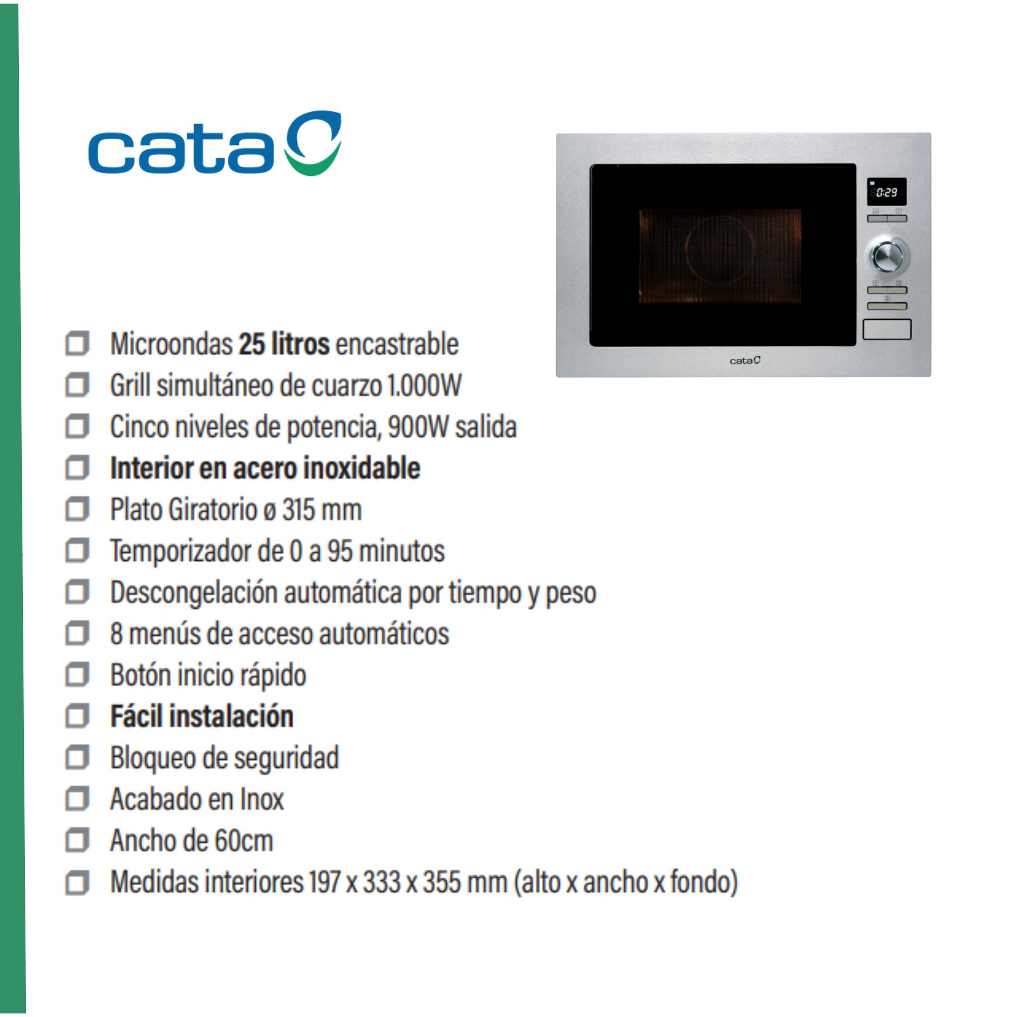 Microondas encastrable de acero inoxidable Cata con grill y varias funciones, junto con especificaciones.