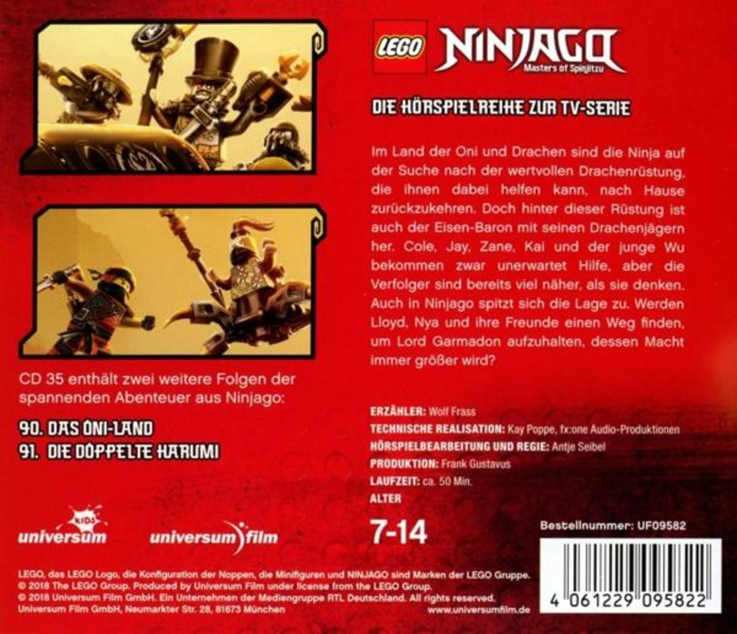 Rückseite einer roten Lego Ninjago Hörspiel-CD mit Szenenbildern, Text und einem Barcode.