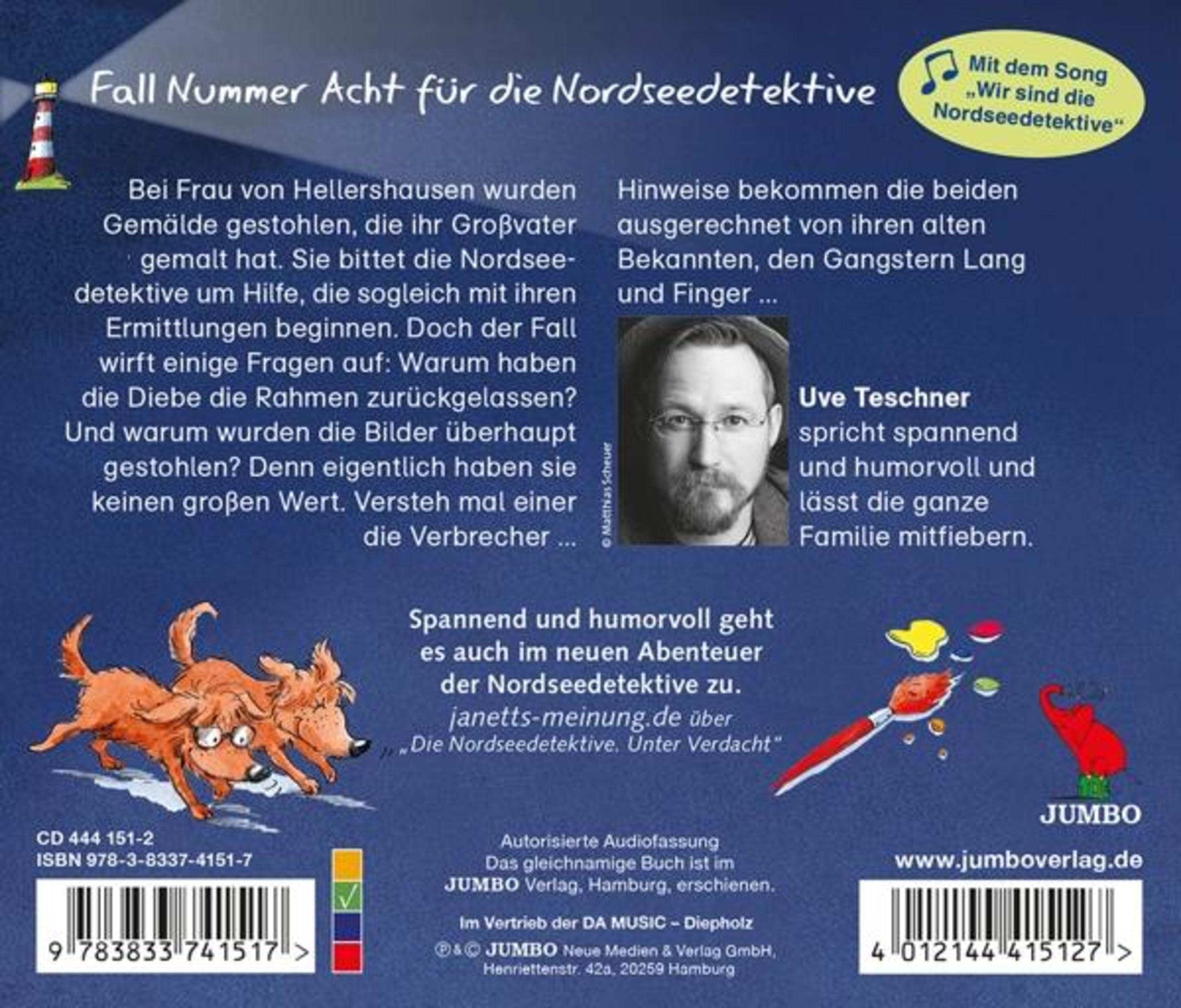 Rückseite einer Hörspiel-CD mit Text, zwei Hunden, einem Porträt und Zeichnungen auf blauem Hintergrund.