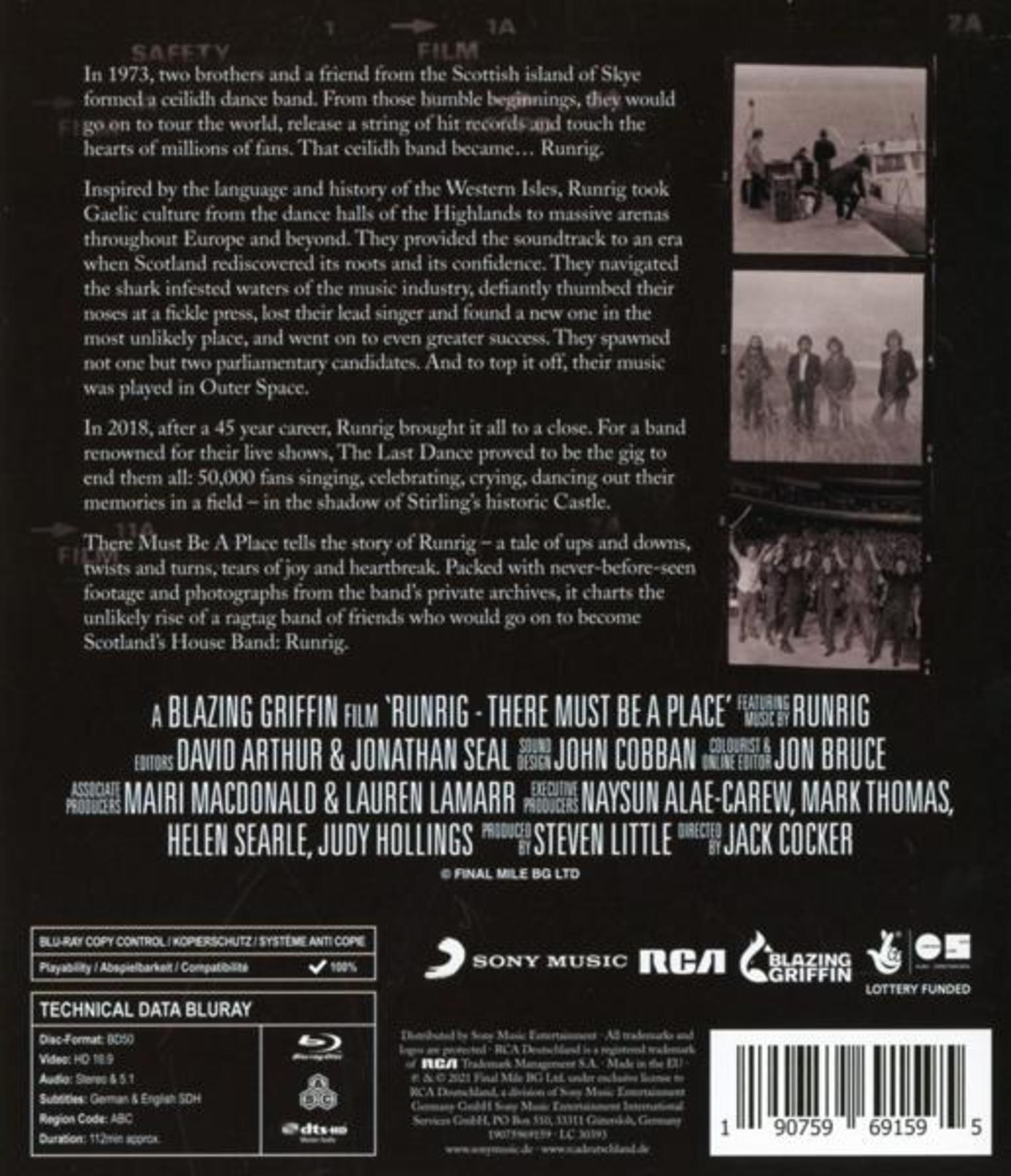 Rückseite einer Runrig Blu-Ray Hülle mit Text, kleinen Bildern, Credits und technischen Daten auf schwarzem Grund.