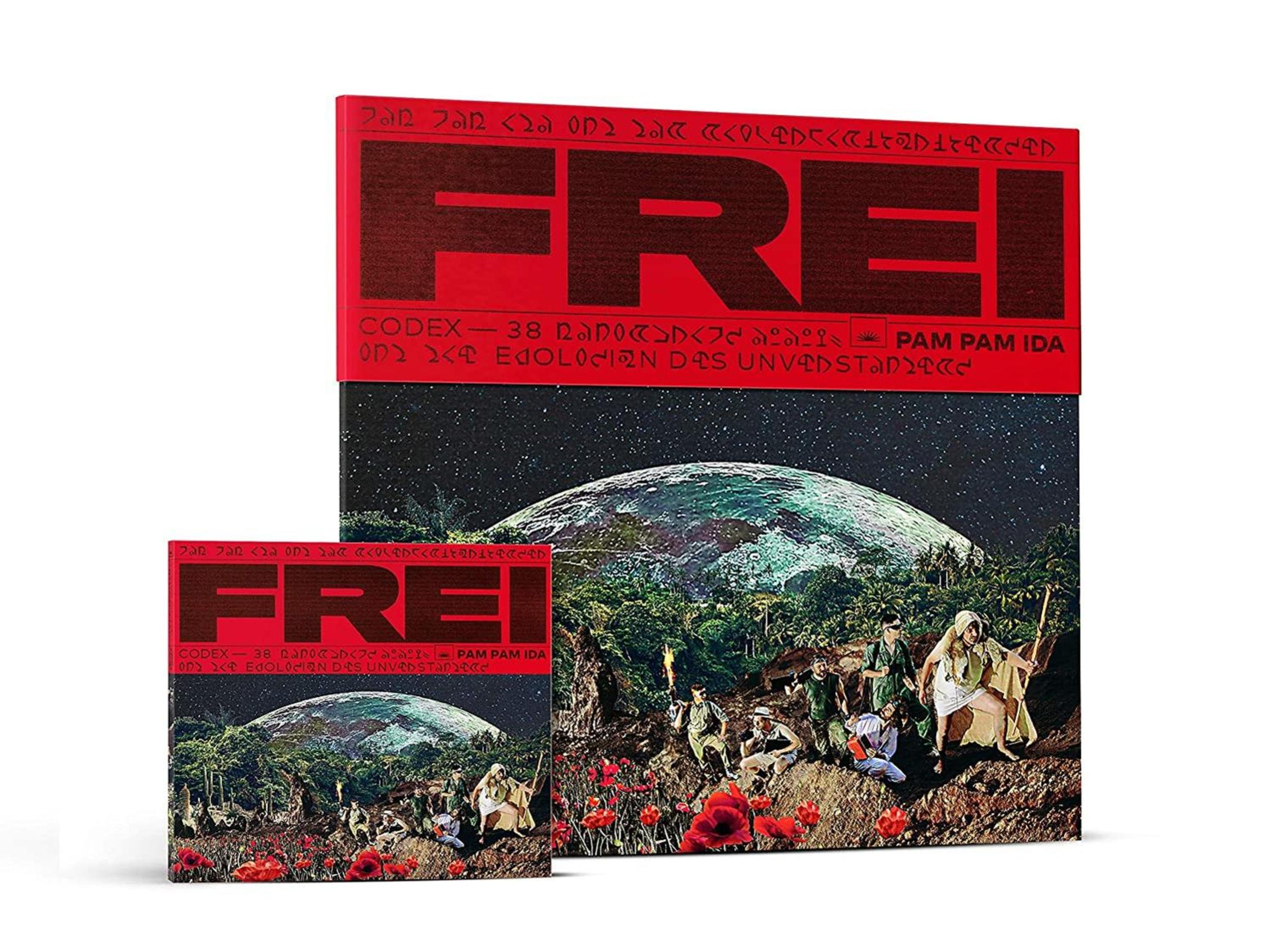 Albumcover und CD-Hülle mit dem roten Schriftzug FREI über einer Landschaft mit Planet und Leuten.