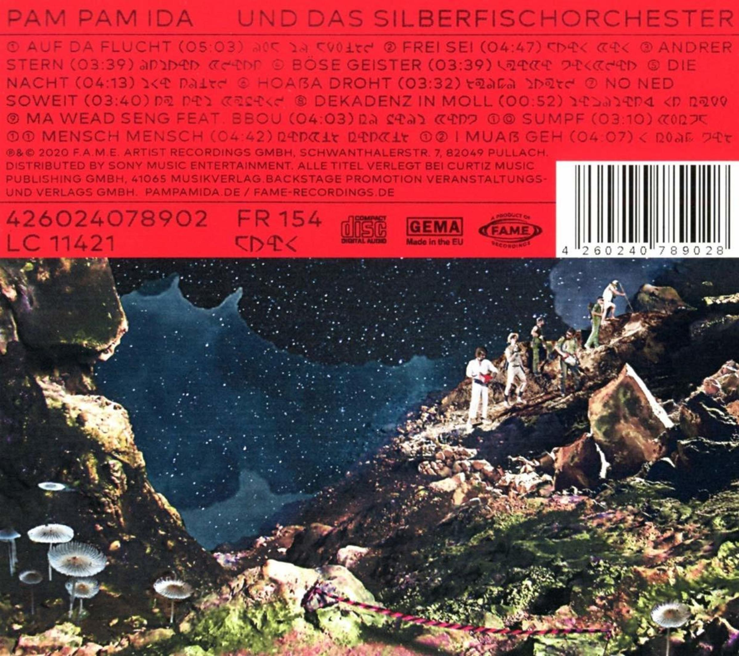 Rotes CD-Backcover mit Titelliste, Barcode und surrealer Felslandschaft unter Sternenhimmel.