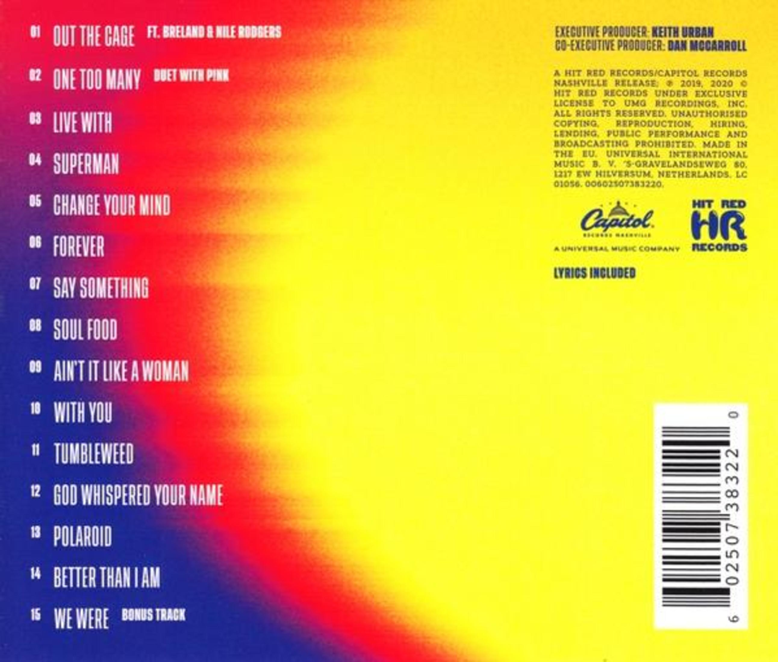 Rückseite eines CD-Covers mit einer Titelliste von 1 vor 15, auf leuchtend gelb-rotem Hintergrund.
