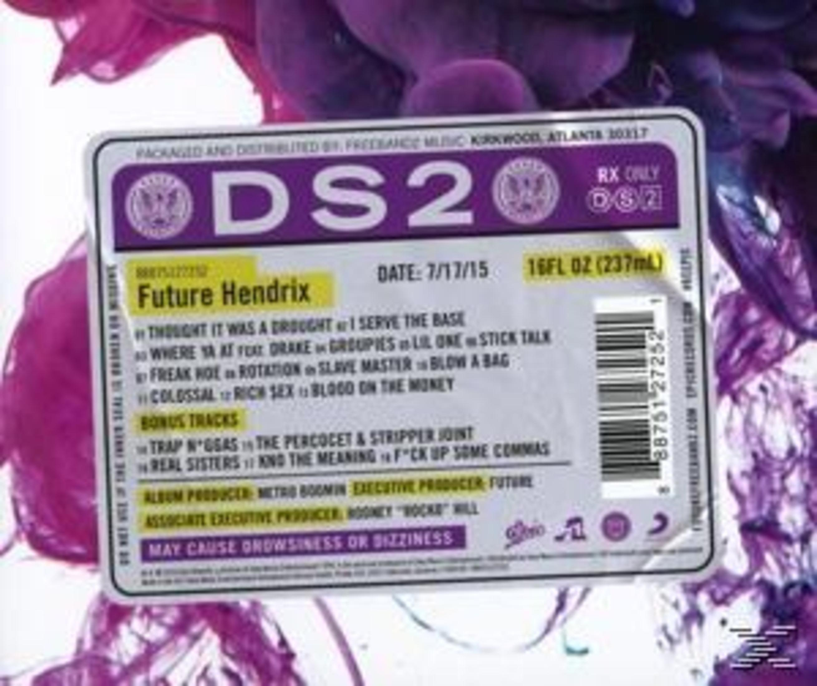 Albumcover für DS2 von Future, gestaltet wie ein Rezeptetikett vor violettem Hintergrund.