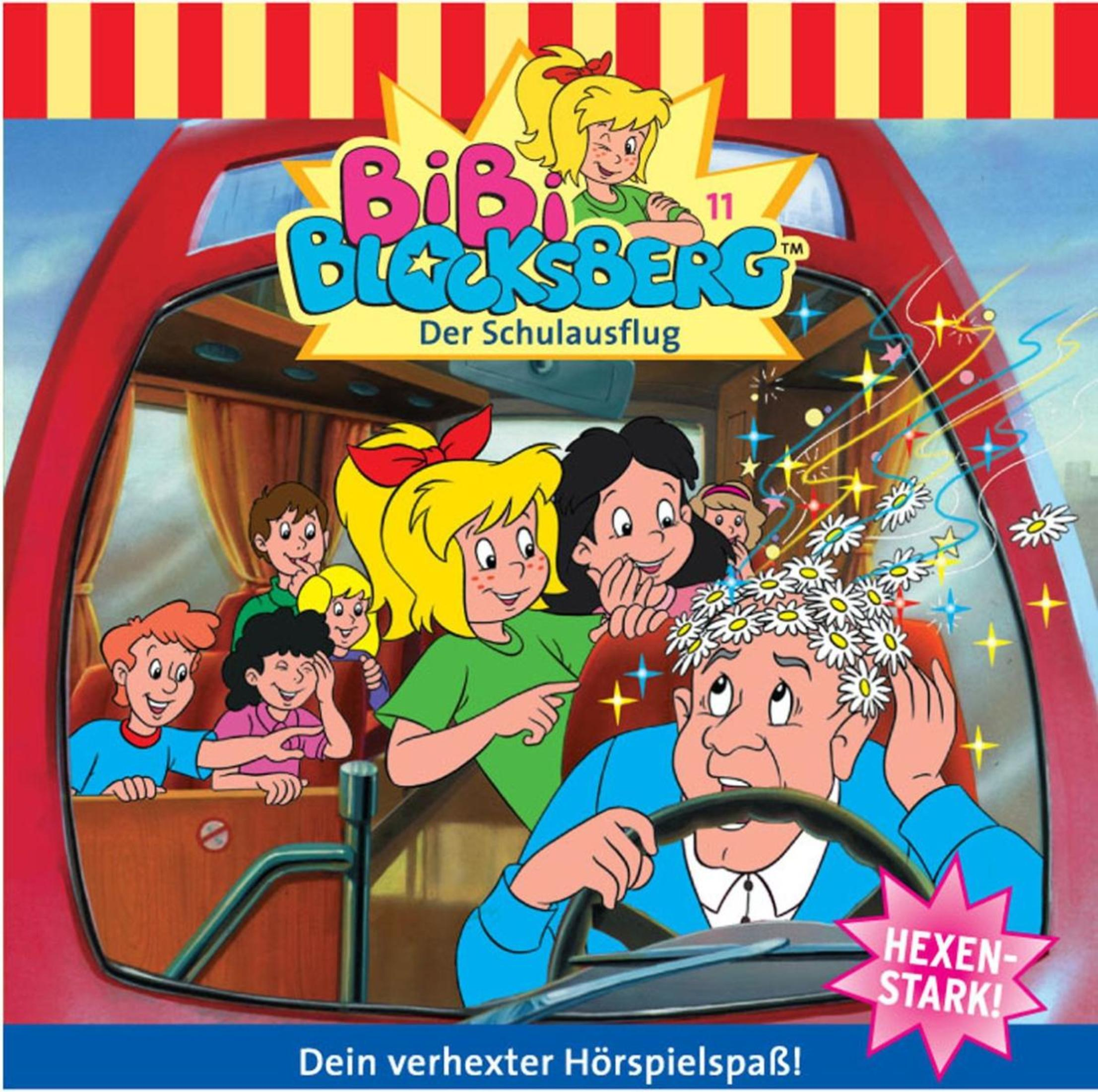 Bibi Blocksberg CD-Cover: Kinder im Bus lachen, während dem Busfahrer durch Magie Blumen auf dem Kopf wachsen.