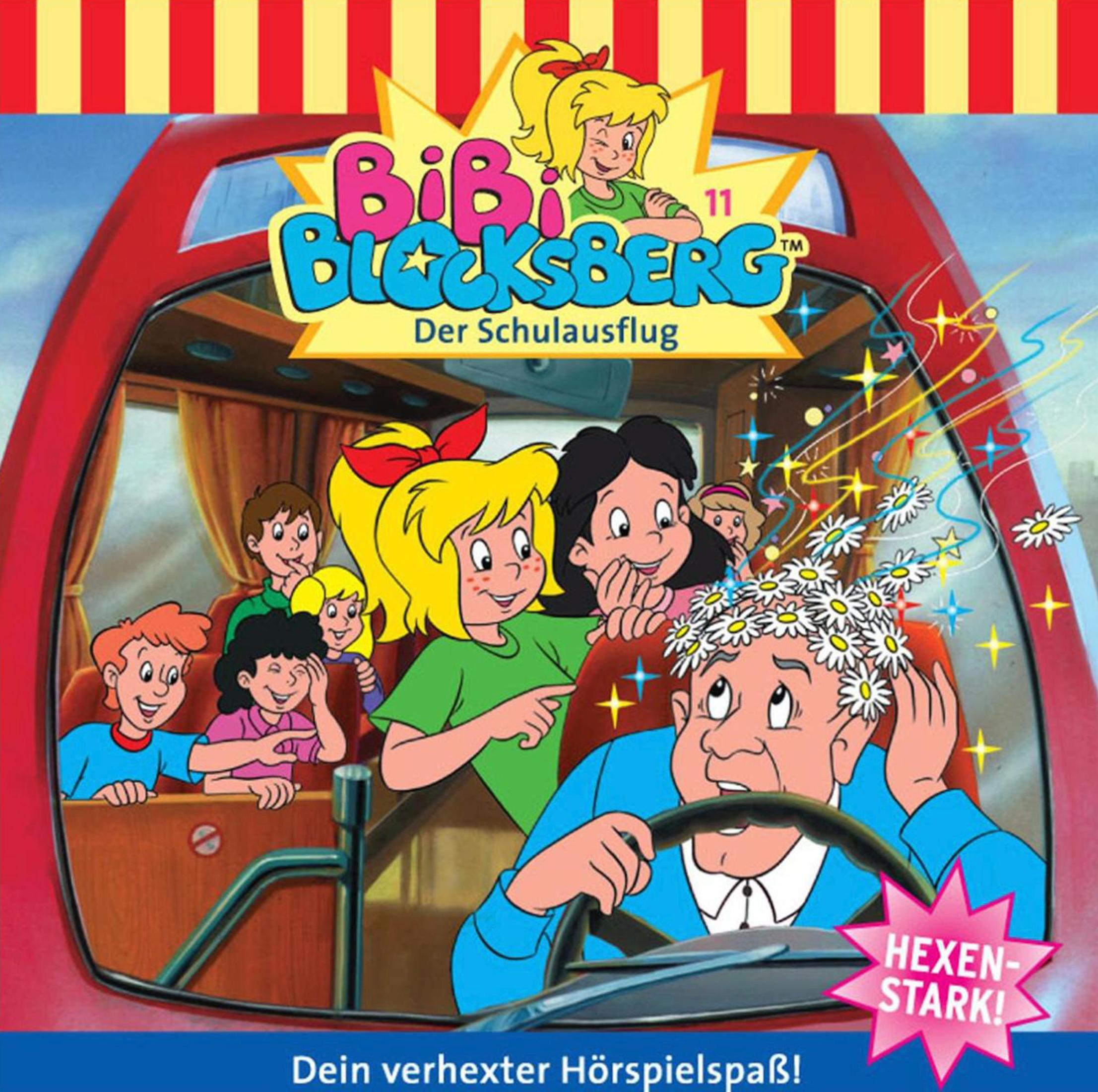 Bibi Blocksberg sitzt im Bus, während der Fahrer verhext Blumen im Haar hat und Kinder staunend zuschauen.
