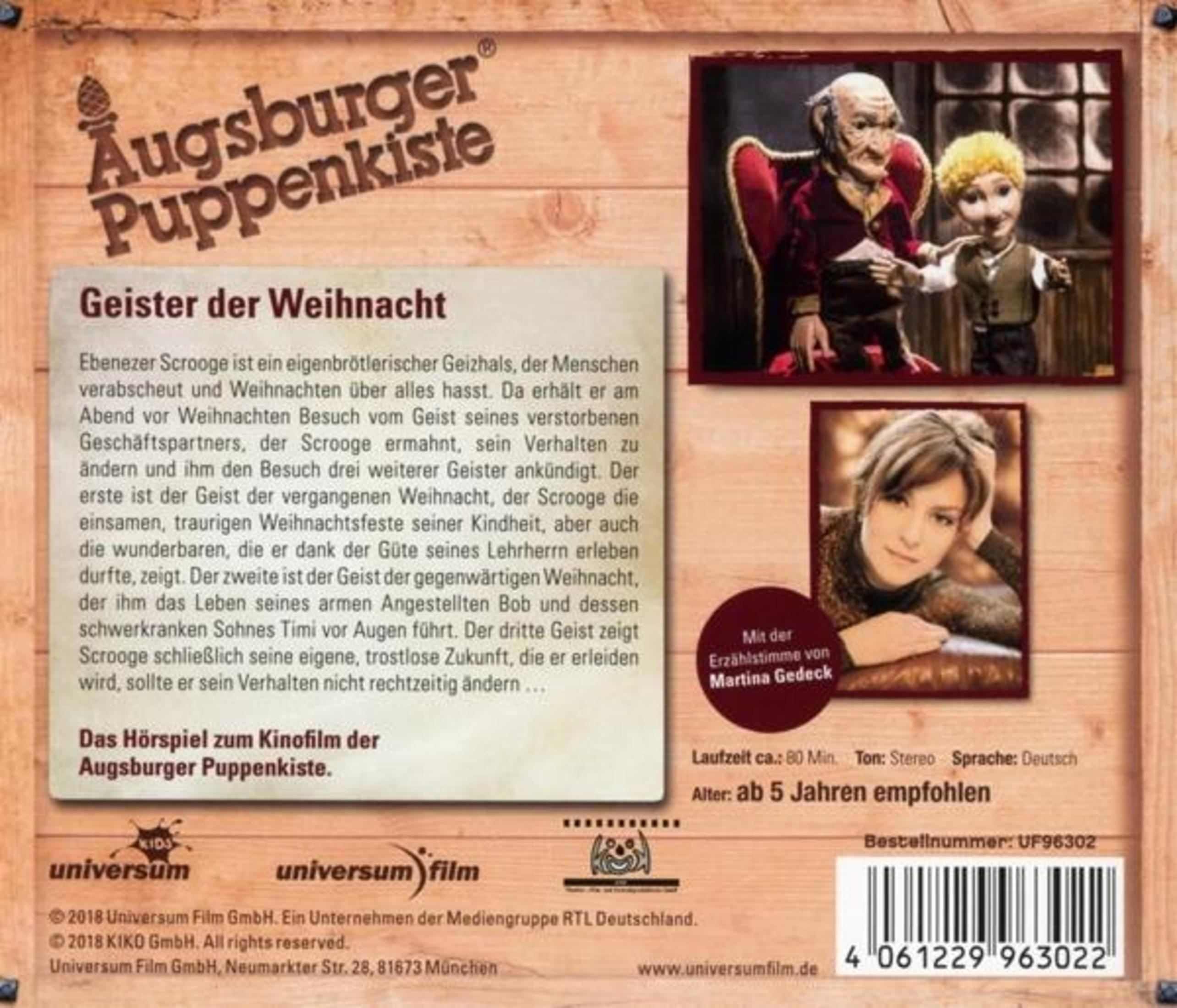 Rückseite einer Augsburger Puppenkiste CD Hülle mit Text und Bildern.