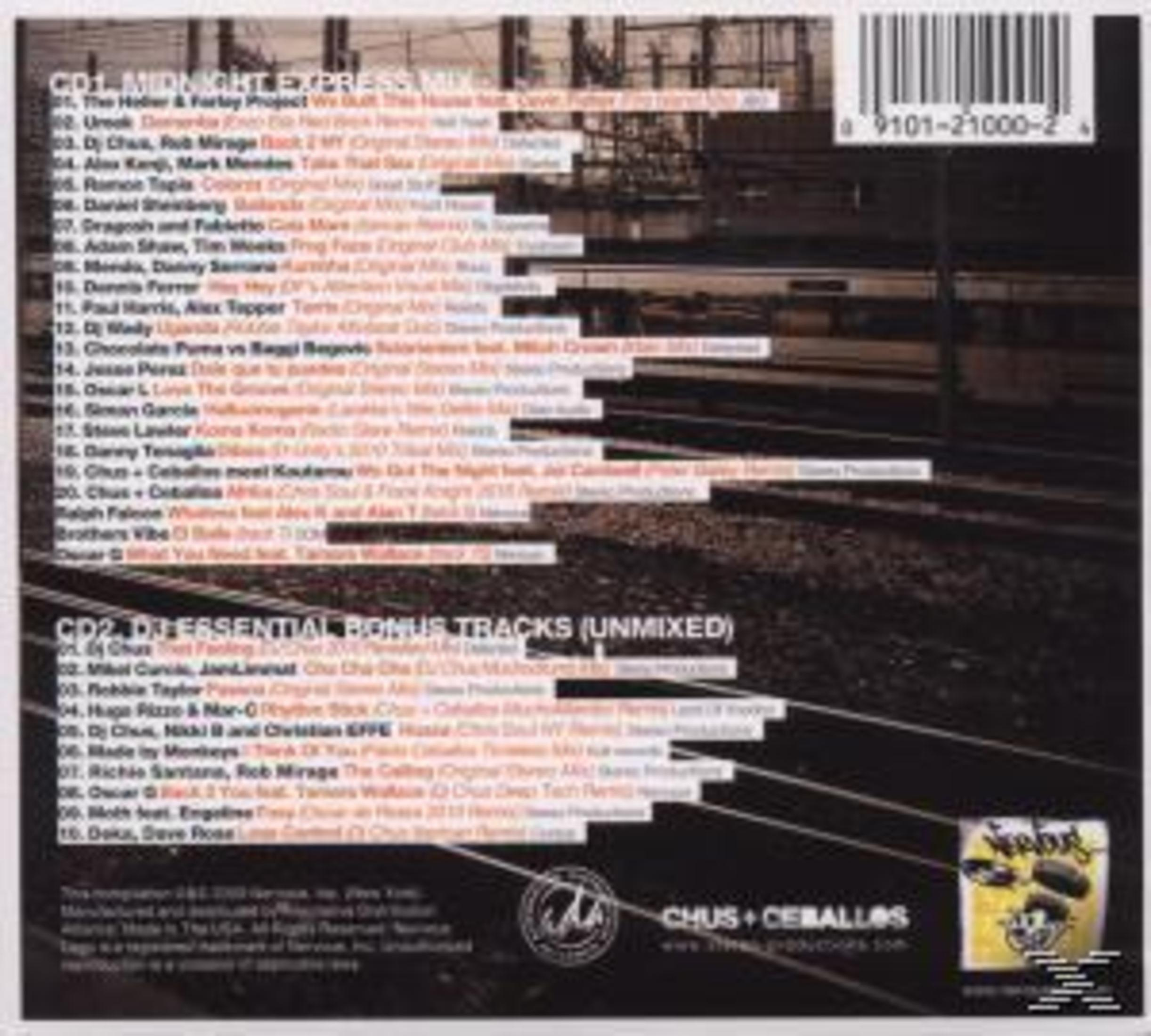 Rückseite einer Musik-CD-Hülle mit Titelliste über einem Eisenbahngleis-Foto und einem Barcode oben rechts.