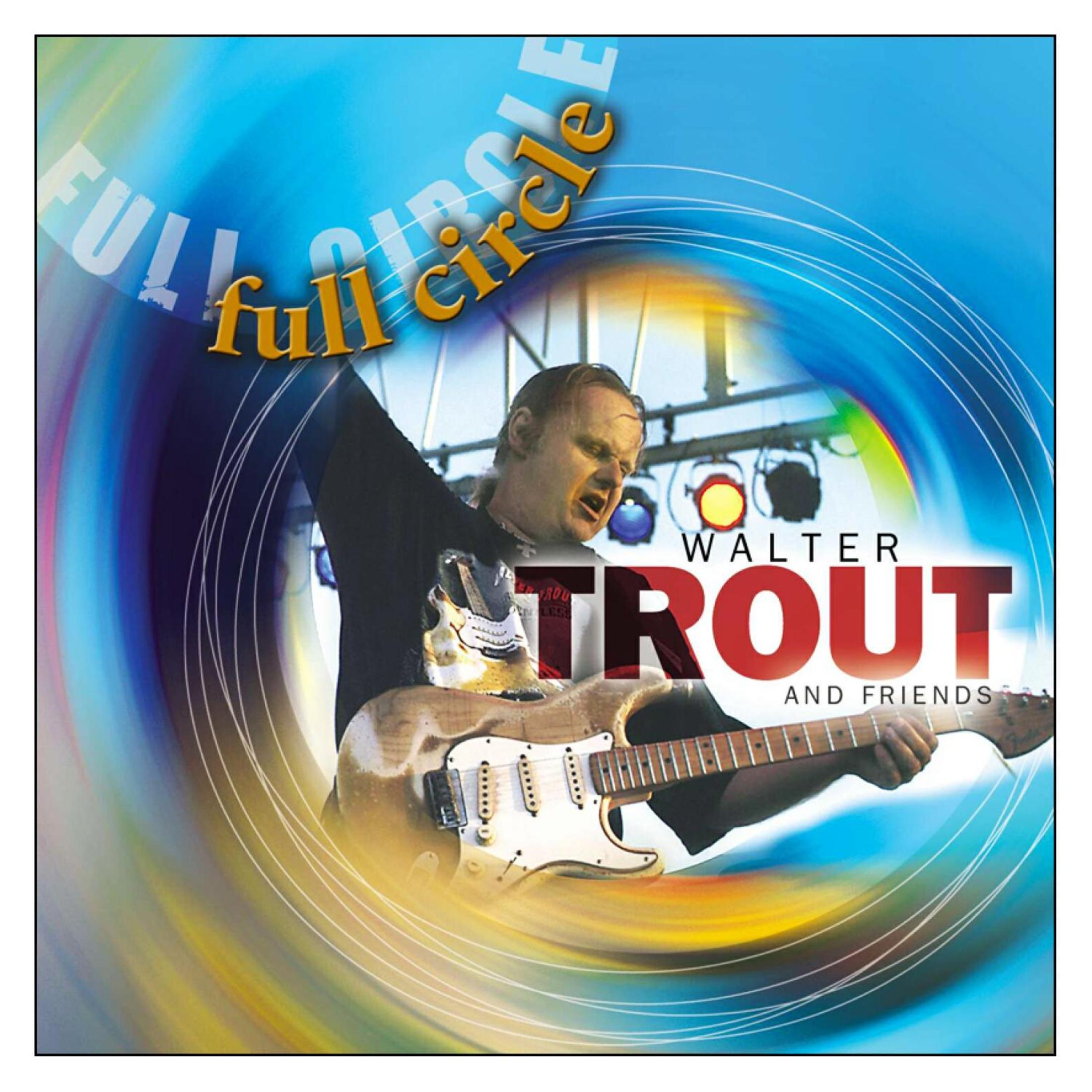 Walter Trout spielt Gitarre auf einem blau-gelb gerahmten Albumcover mit dem Titel Full Circle.