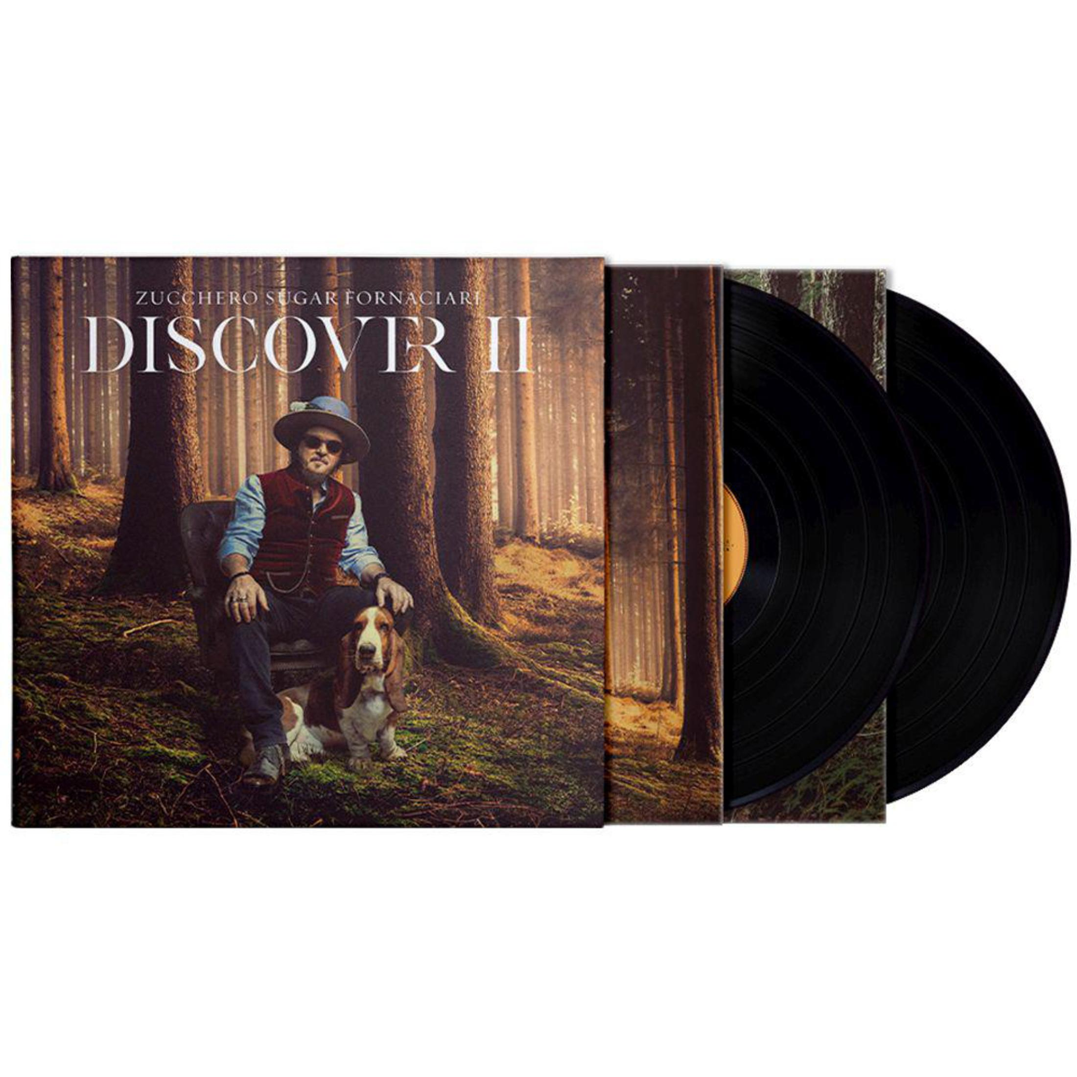 Zucchero Sugar Fornaciari Discover II Vinyl-Album mit Cover und zwei Schallplatten im waldlichen Hintergrund.