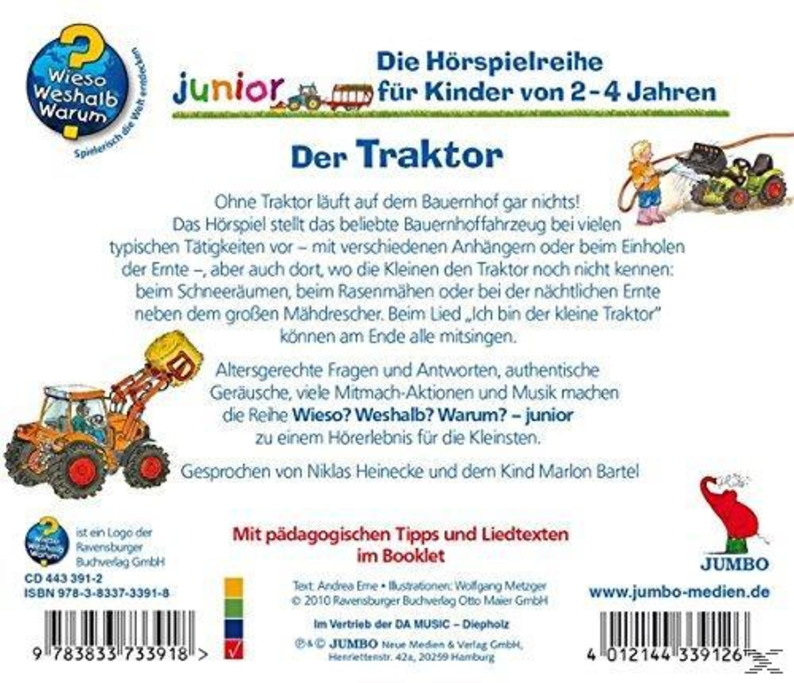 Rückseite einer Kinder-Hörspiel-CD mit Traktor-Motiven, Texten und Barcodes.