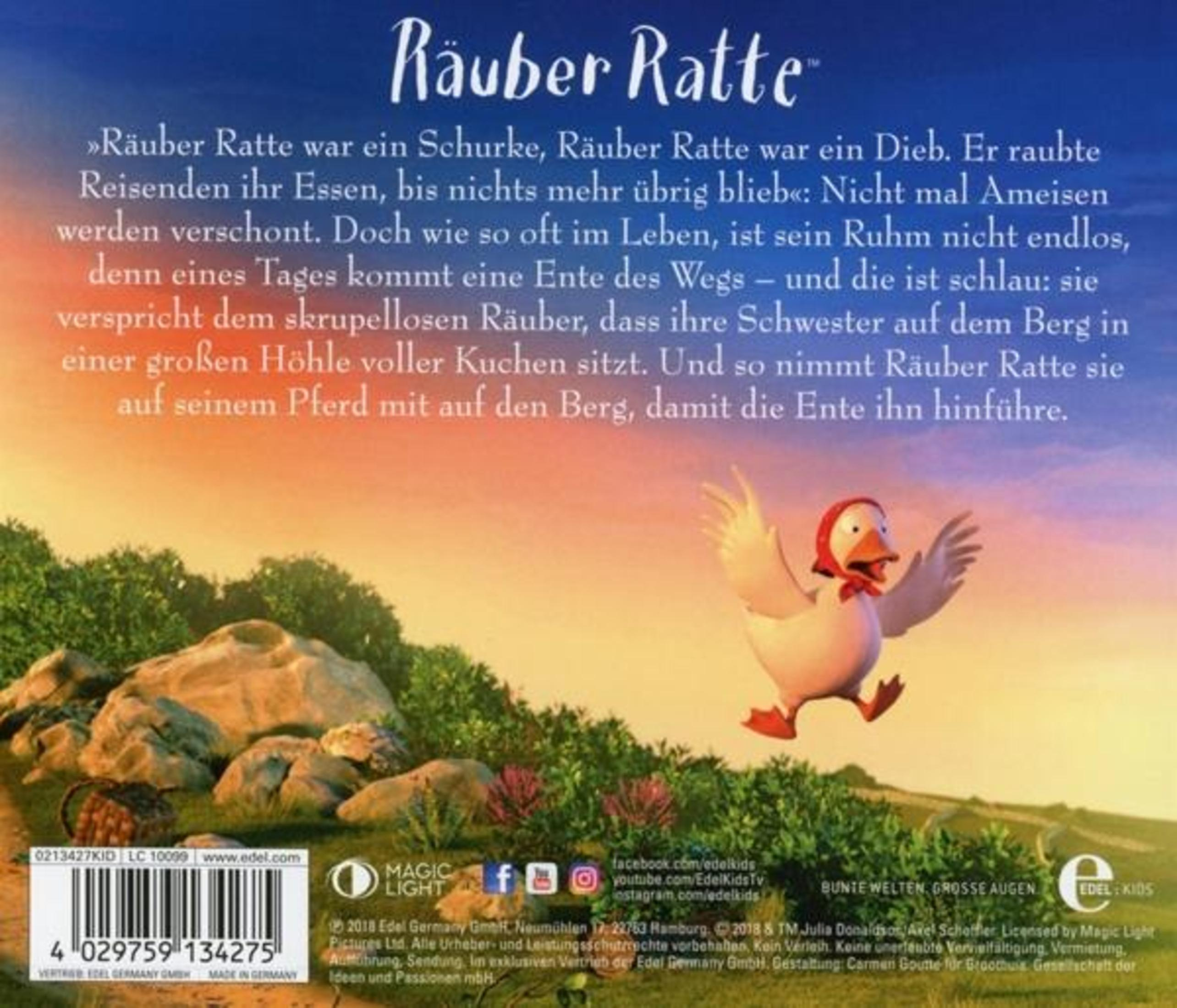 Eine Ente läuft freudig über eine grüne Wiese mit Text oben und einer Barcode-Anzeige unten.