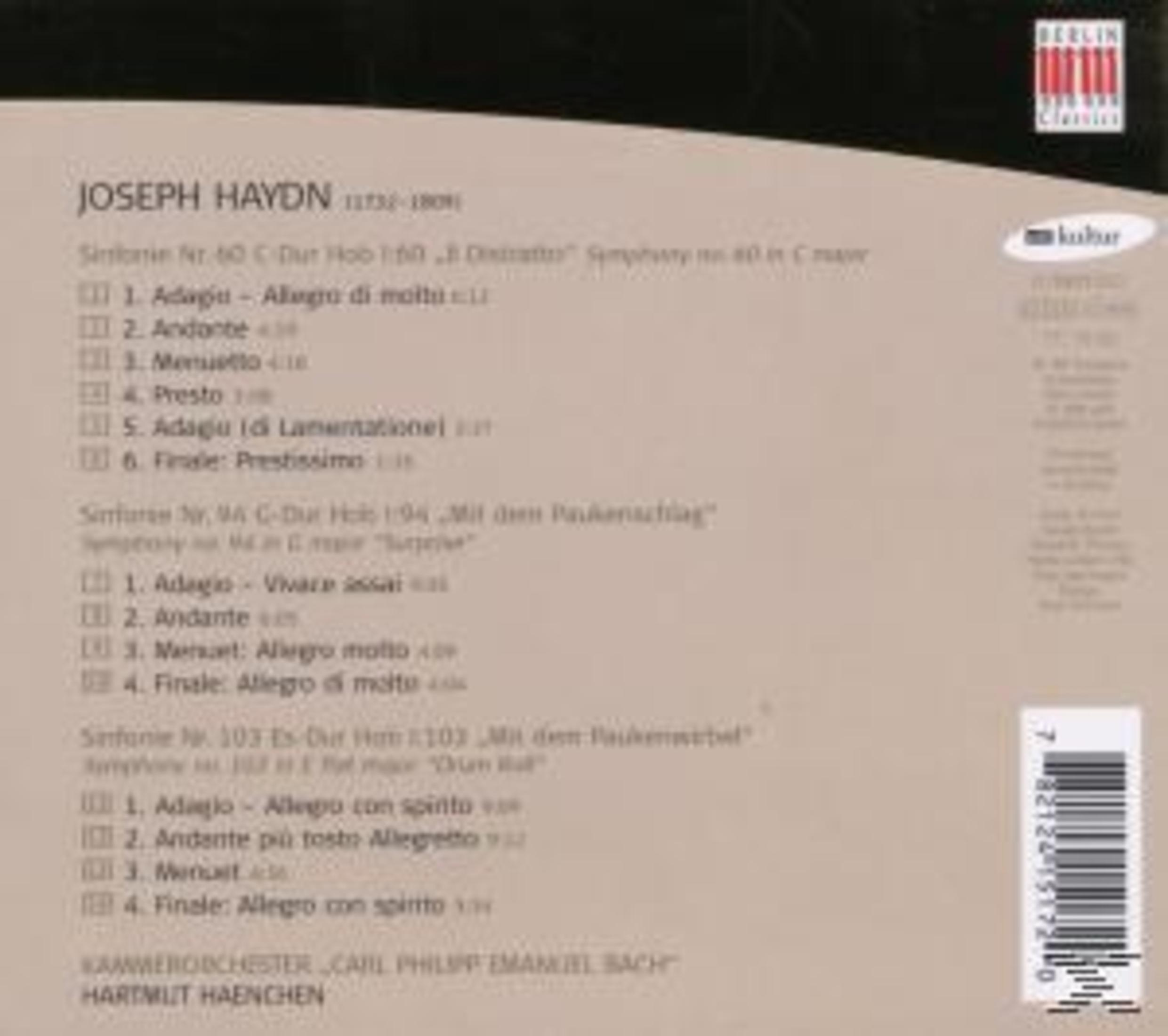Rückseite einer Joseph Haydn CD-Hülle mit Tracklist und Barcode.