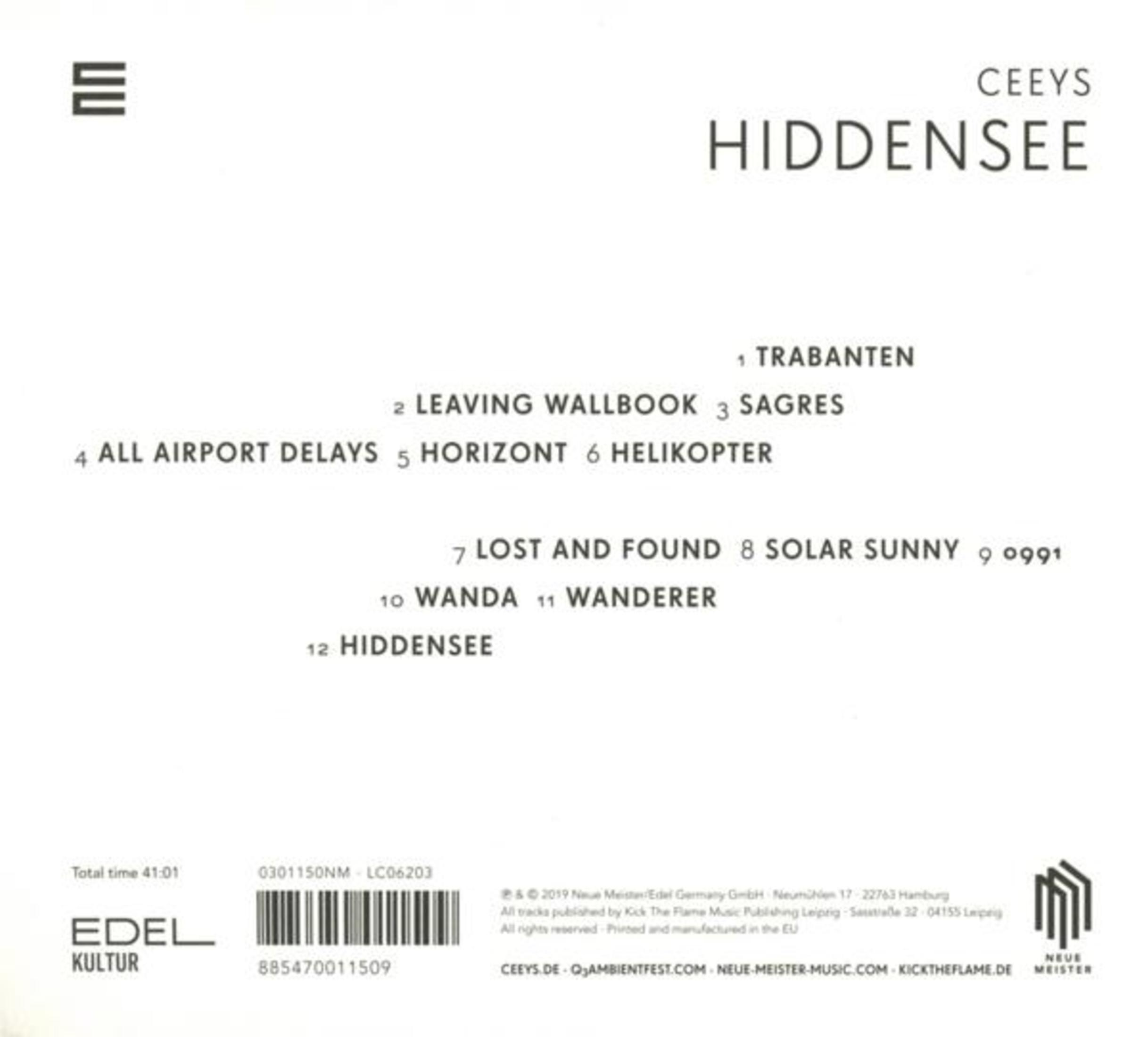 Rückseite der CD "Hiddensee" von Ceeys mit Trackliste, Barcode und Labels.