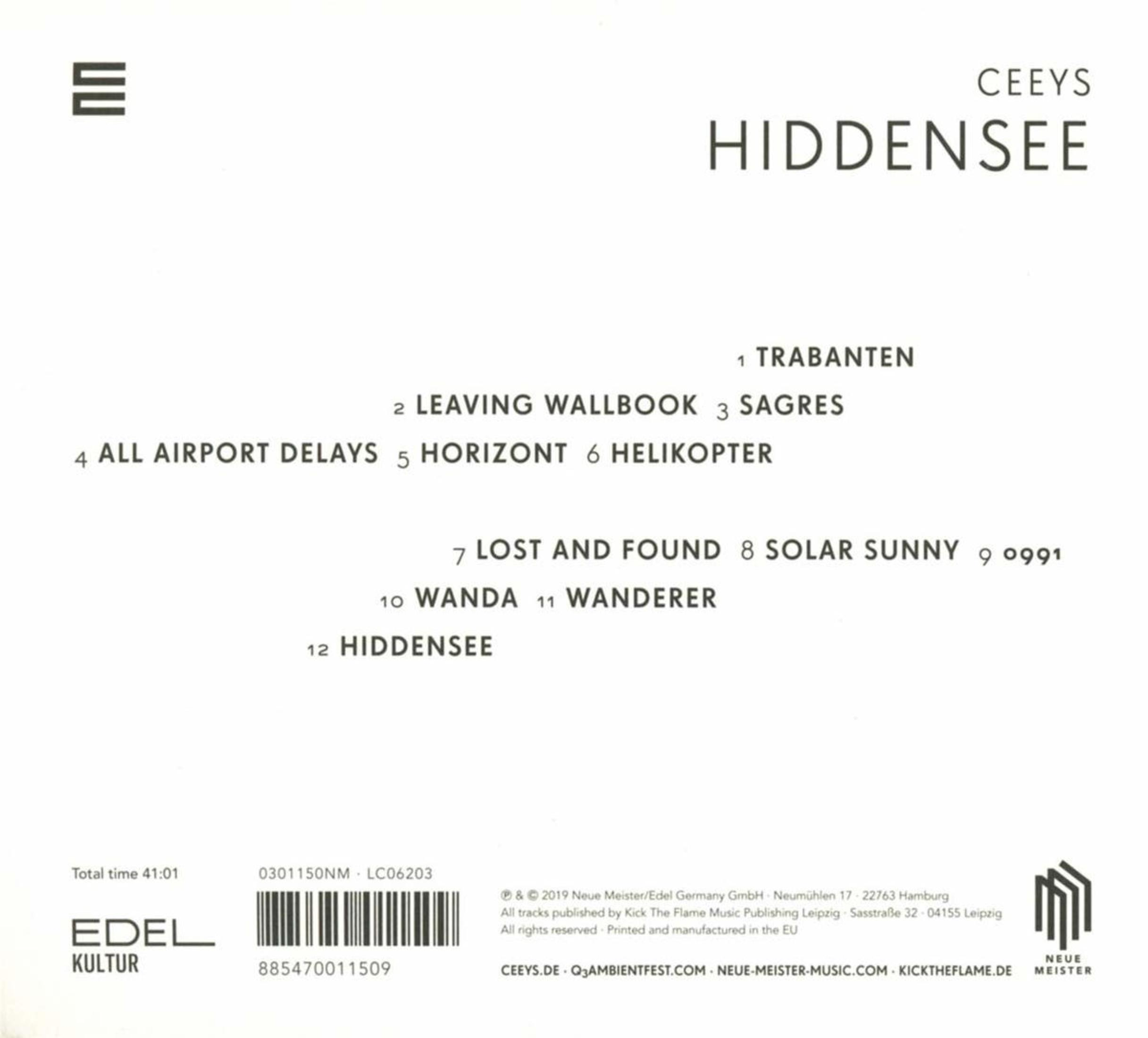 Rückseite des Albums "Hiddensee" von Ceeys mit Tracklist, Barcode und Edel-Kultur-Logo auf weißem Hintergrund.