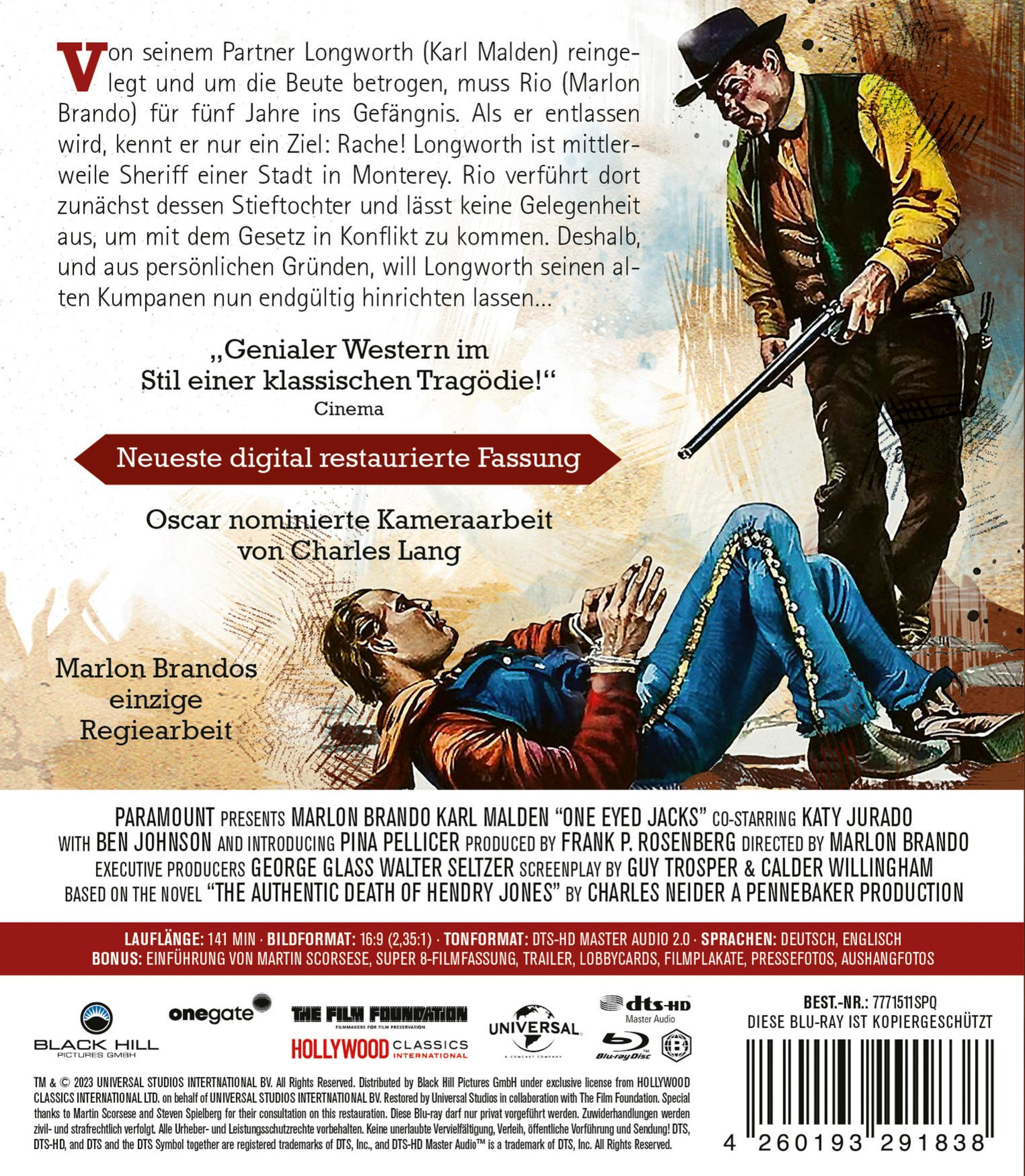 DVD-Cover der Western-Klassik "One-Eyed Jacks" mit Marlon Brando, Text und Logos.