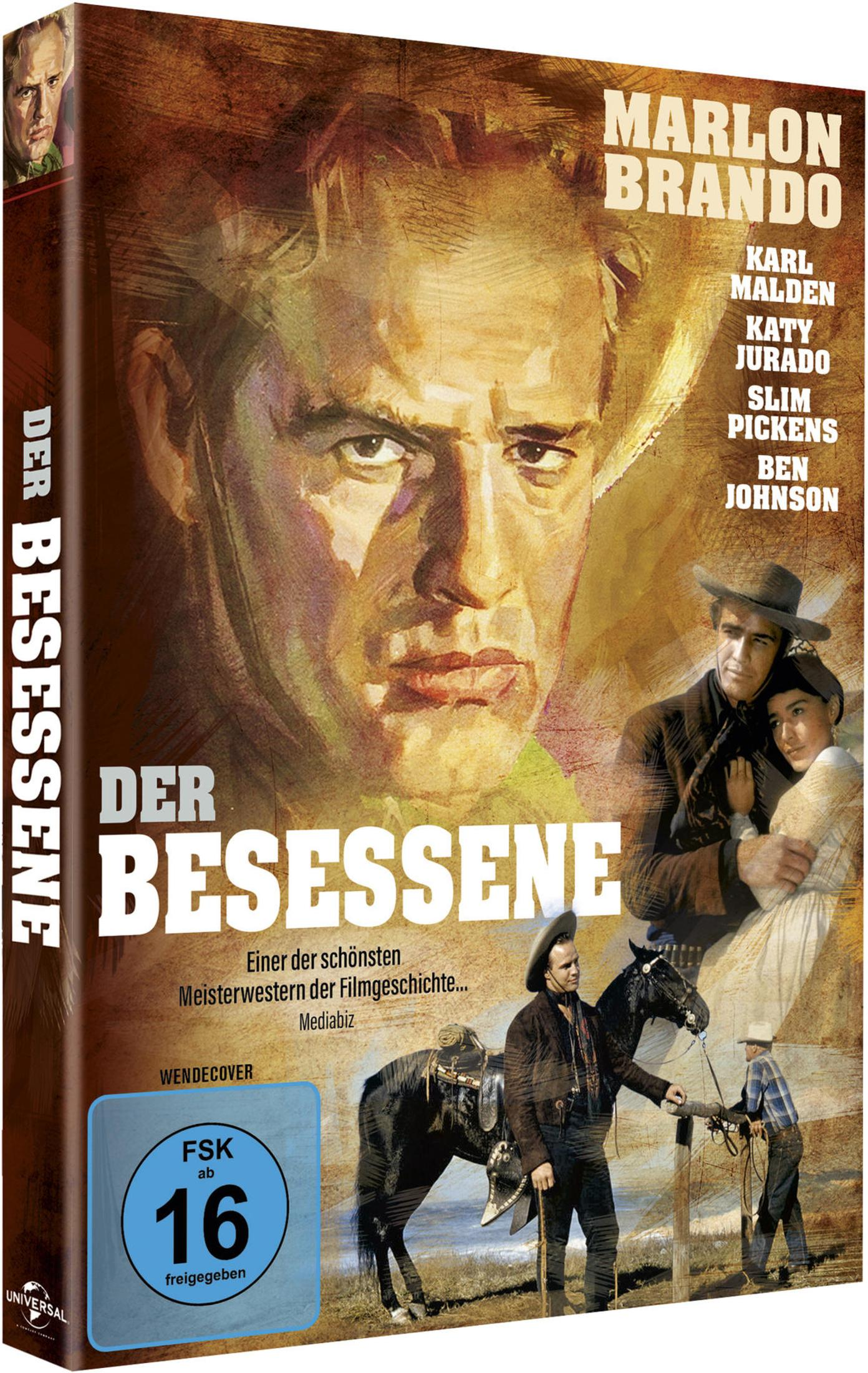 DVD-Cover des Westerns Der Besessene mit Marlon Brando im Vordergrund und Szenenbildern.
