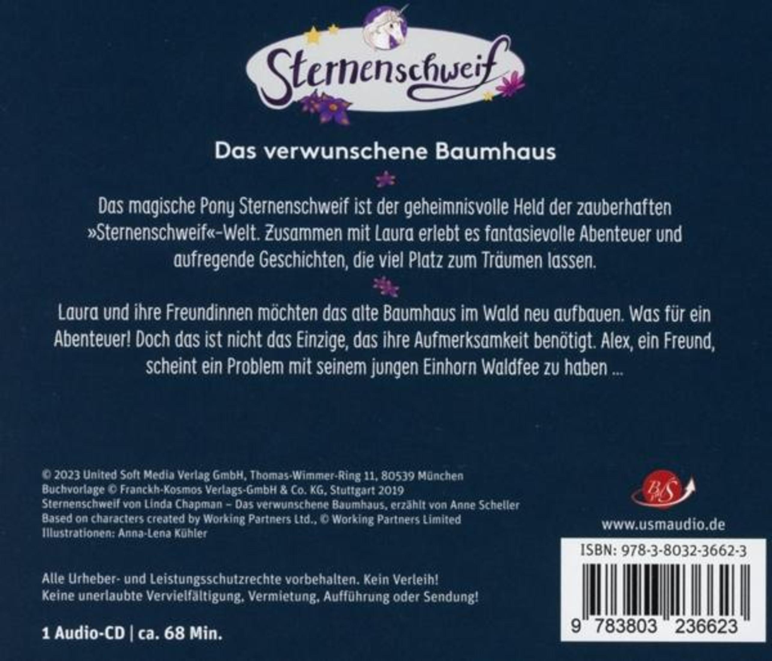 Rückseite einer Sternenschweif Audio-CD mit Beschreibung, Copyright und Barcode auf dunkelblauem Hintergrund.
