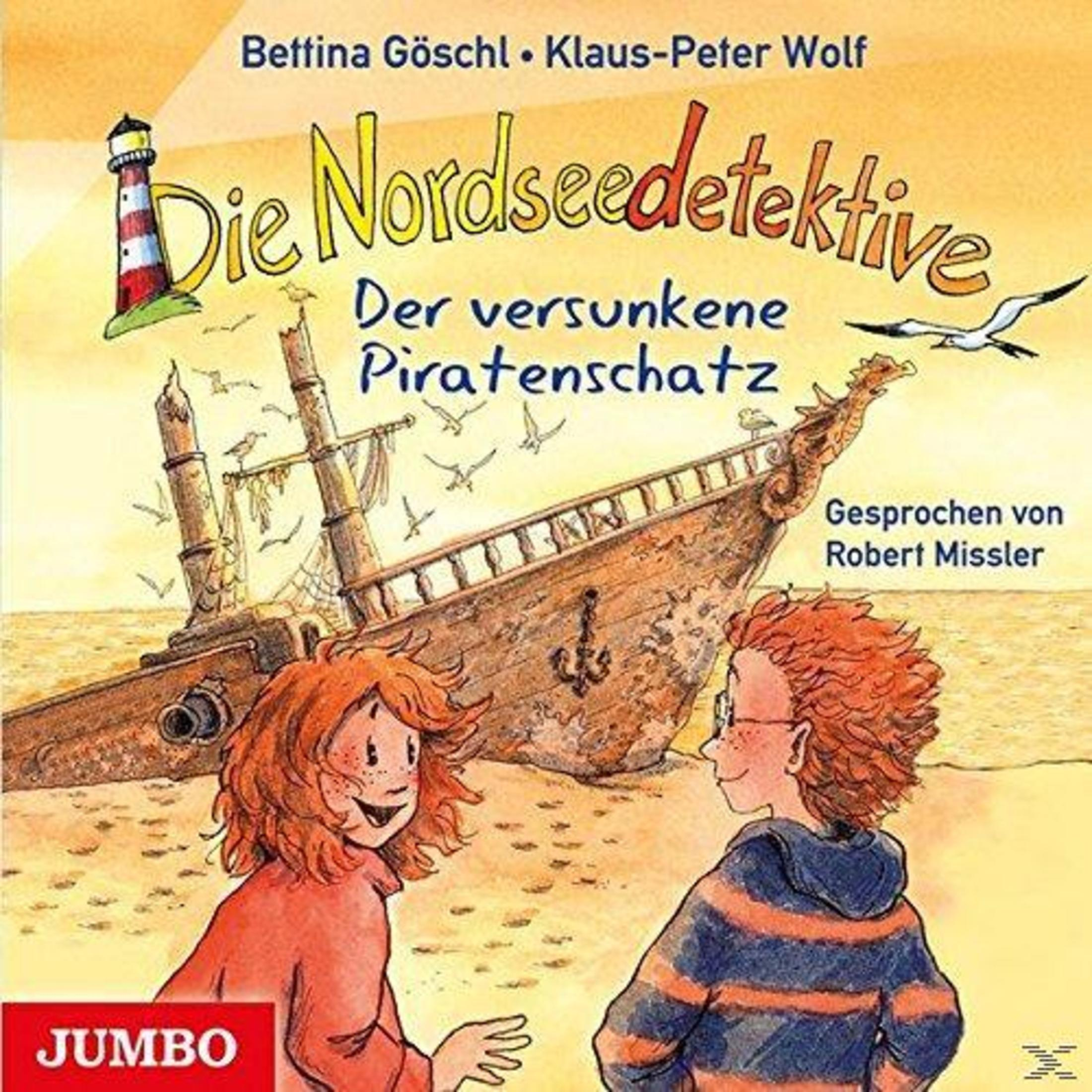 Illustration eines Kinderbuchs mit zwei Kindern im Vordergrund und einem gestrandeten Schiff im Hintergrund.