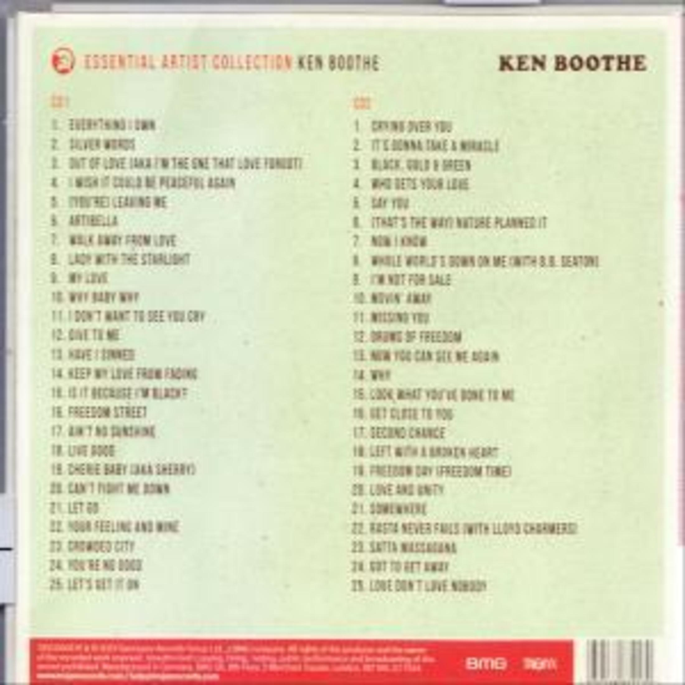 Rückseite einer Ken Boothe CD mit zwei nummerierten Titellisten auf grünem Hintergrund und einem roten Balken unten.