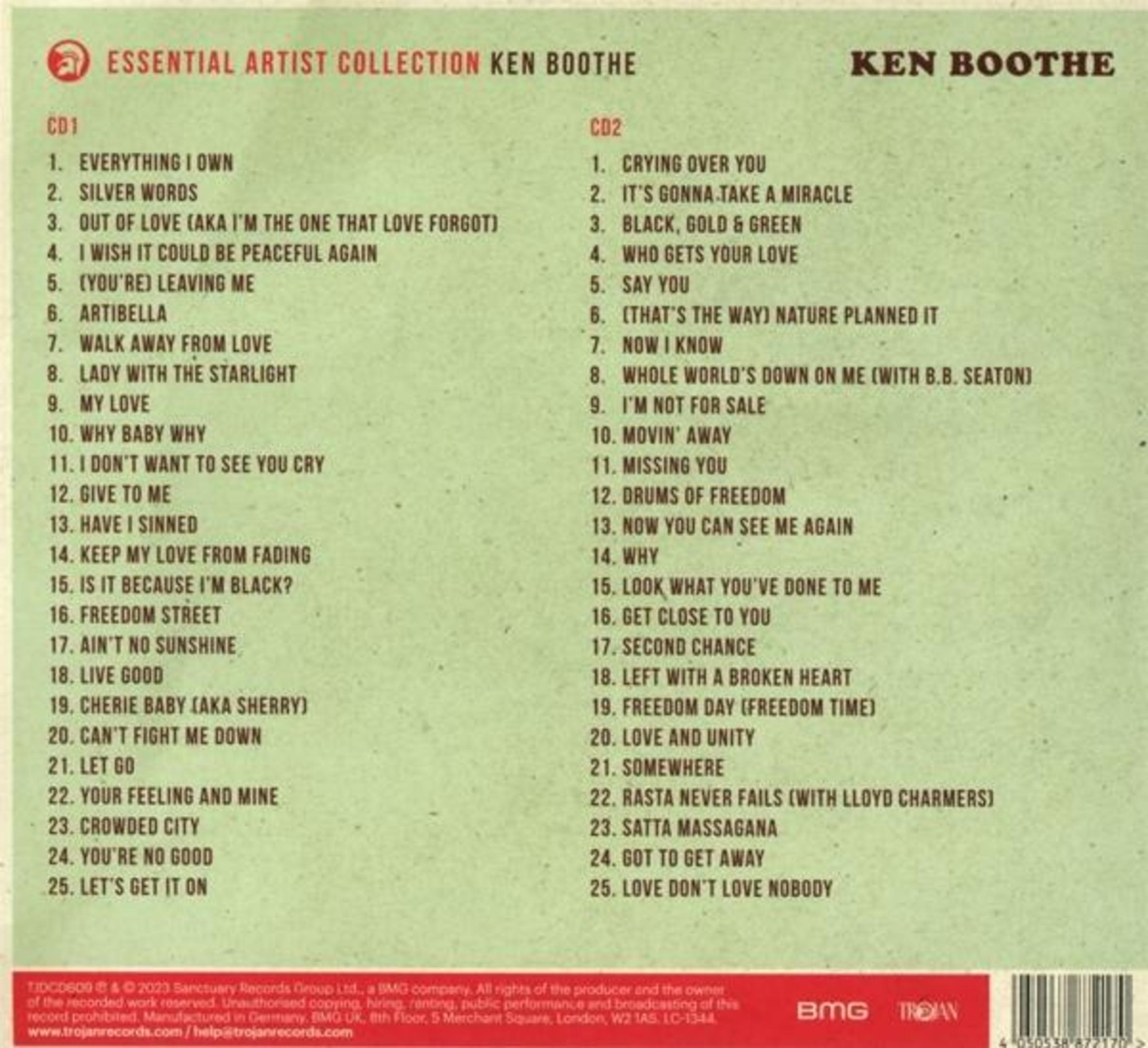 Rückseite einer Musik-CD mit Tracklists für CD1 und CD2, Künstler Ken Boothe, auf grünem Hintergrund.