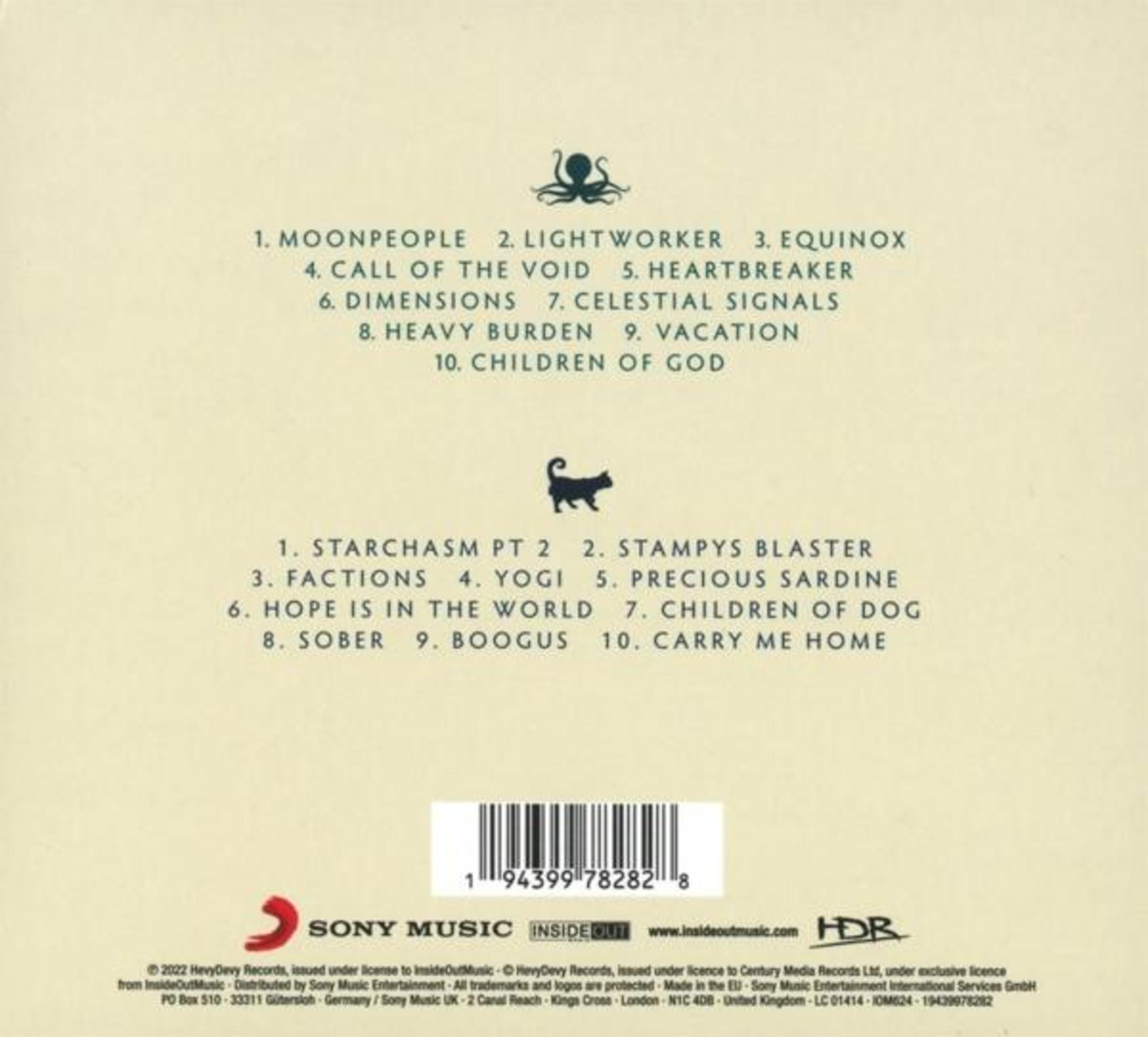 Album-Rückseite mit zwei Titellisten, Tintenfisch- und Katzen-Symbol, Barcode sowie Sony-Music- und Inside-Out-Logos.