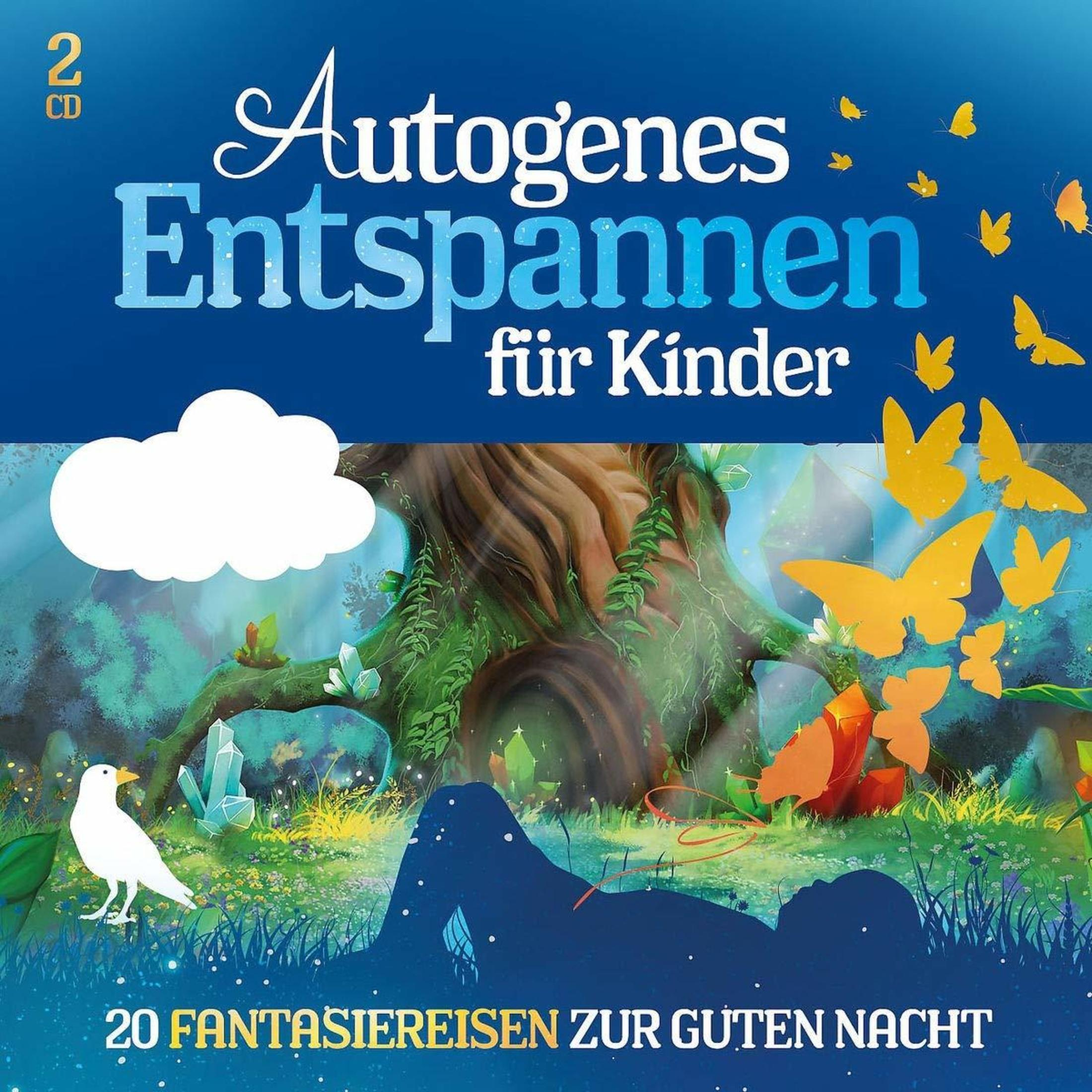 Magische Szene mit grossem Baum, gelben Schmetterlingen, weissem Vogel und Kindersilhouette auf blauem Hintergrund.