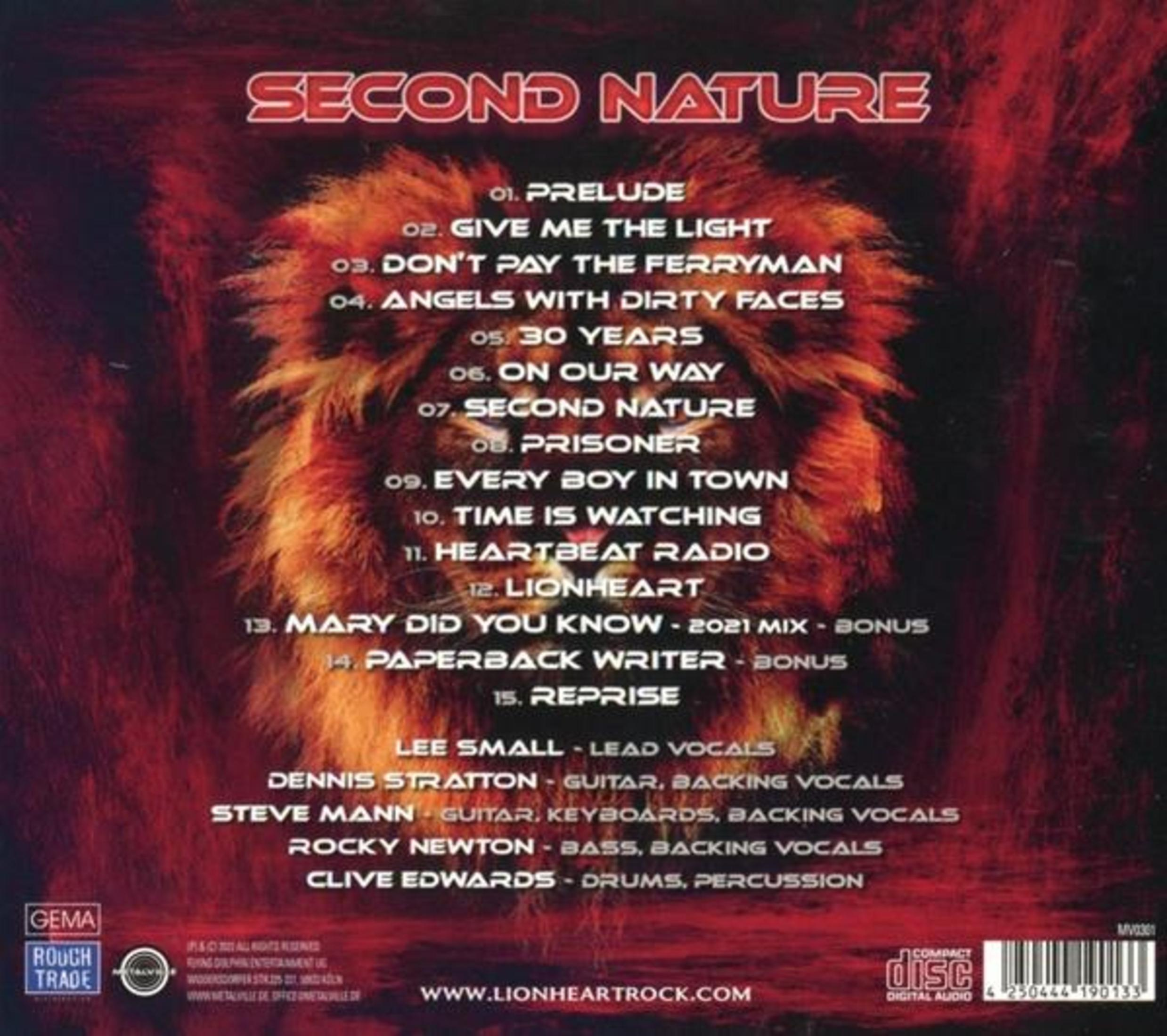 Rückseite des Musikalbums Second Nature mit Titelliste und Löwengrafik vor rotem Hintergrund.