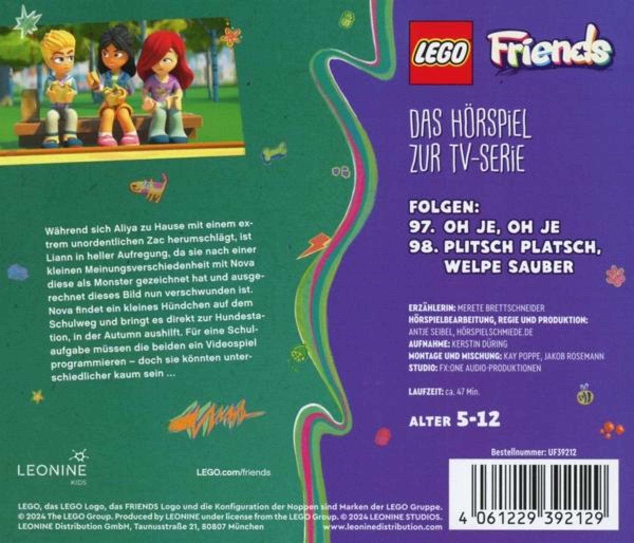 LEGO Friends Hörspiel-Cover mit drei Figuren, deutscher Textbeschreibung, Logos und Barcode.