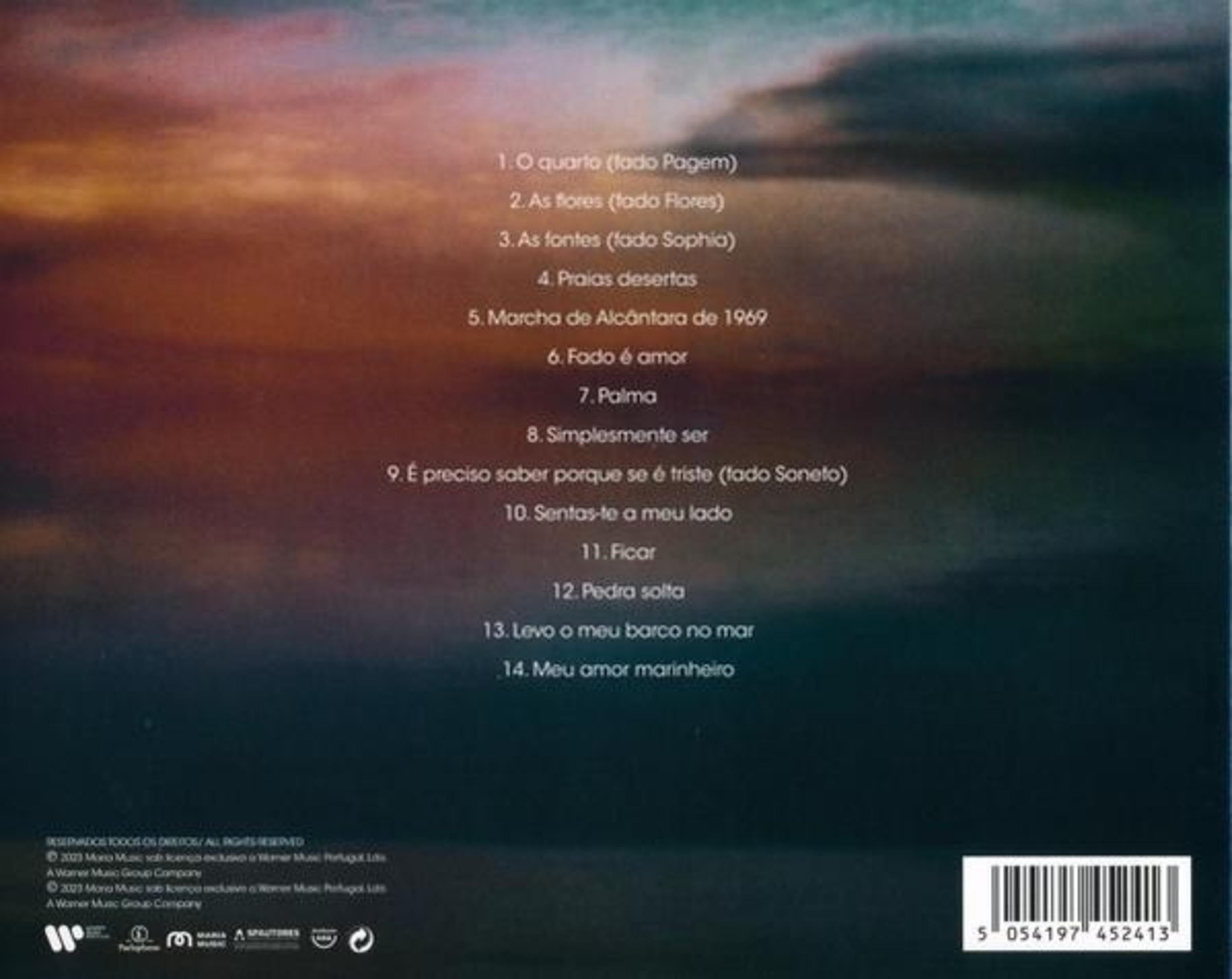 Rückseite einer Musik-CD mit Trackliste auf dunkelblauem, bewölktem Hintergrund und einem Barcode.
