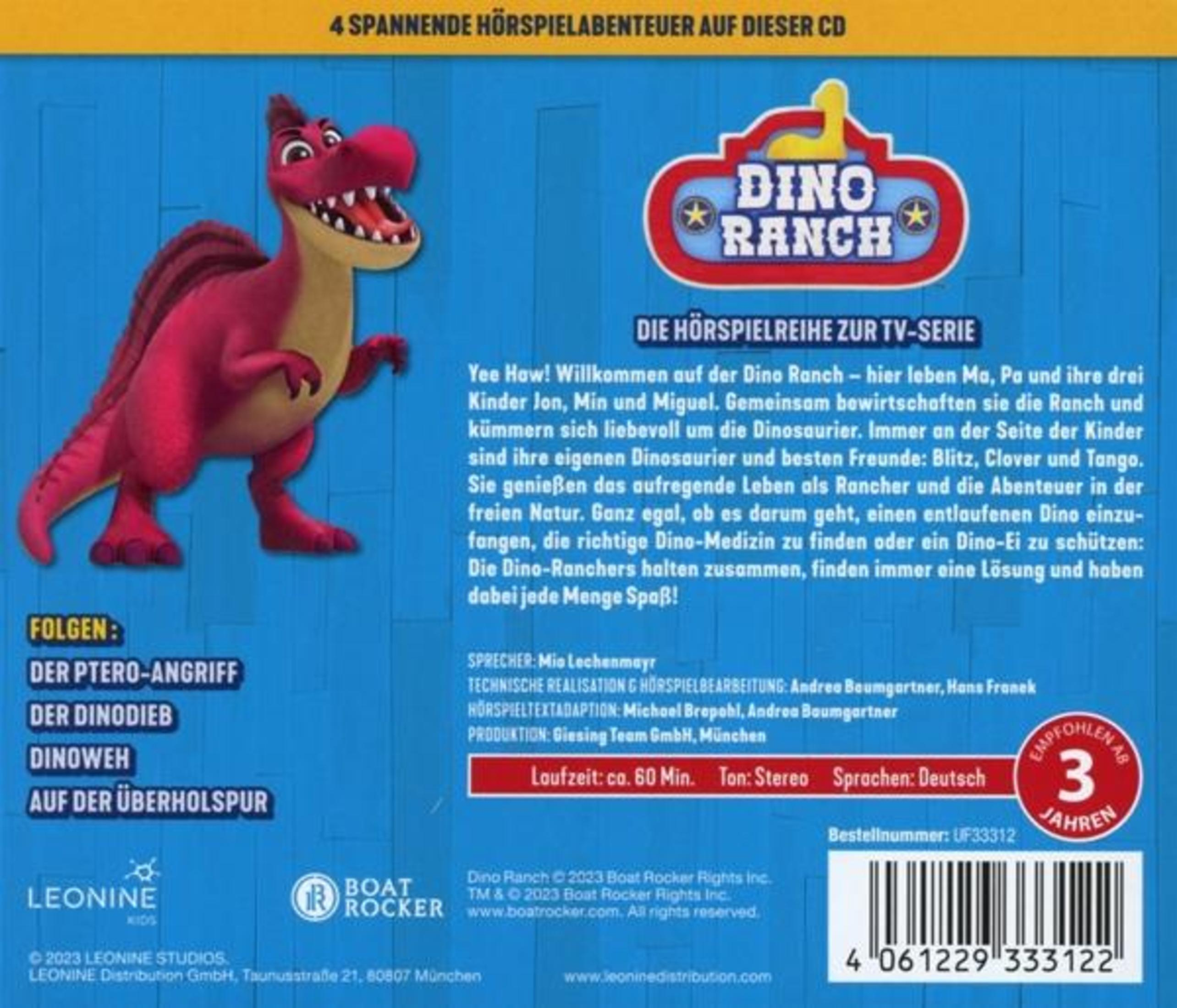 Rückseite einer Dino-Ranch-Hörspiel-CD mit rotem Dinosaurier und Text auf blauem Hintergrund.
