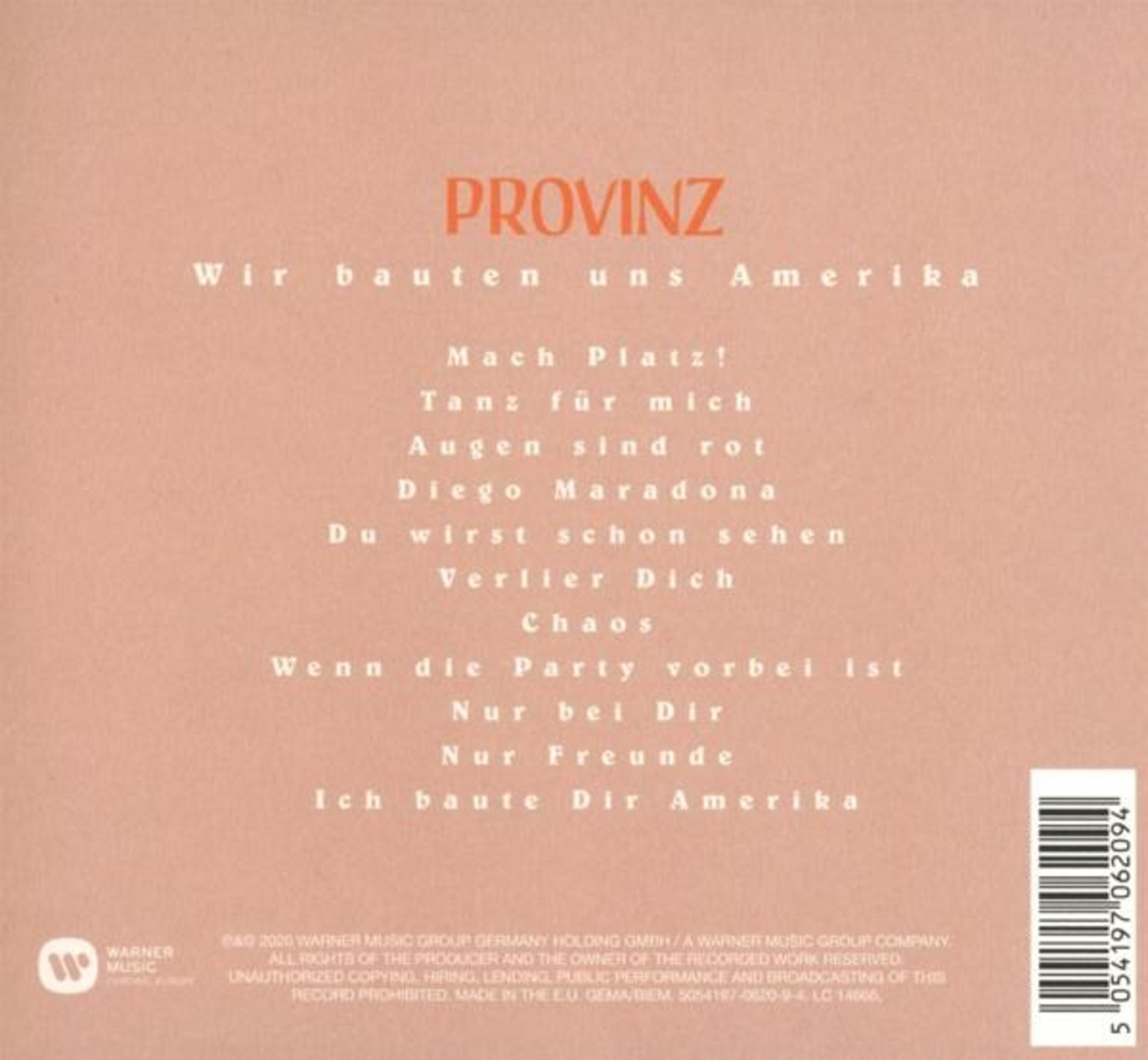 Rosa Albumrückseite mit Bandnamen PROVINZ, Trackliste und Barcode auf altrosafarbenem Hintergrund.