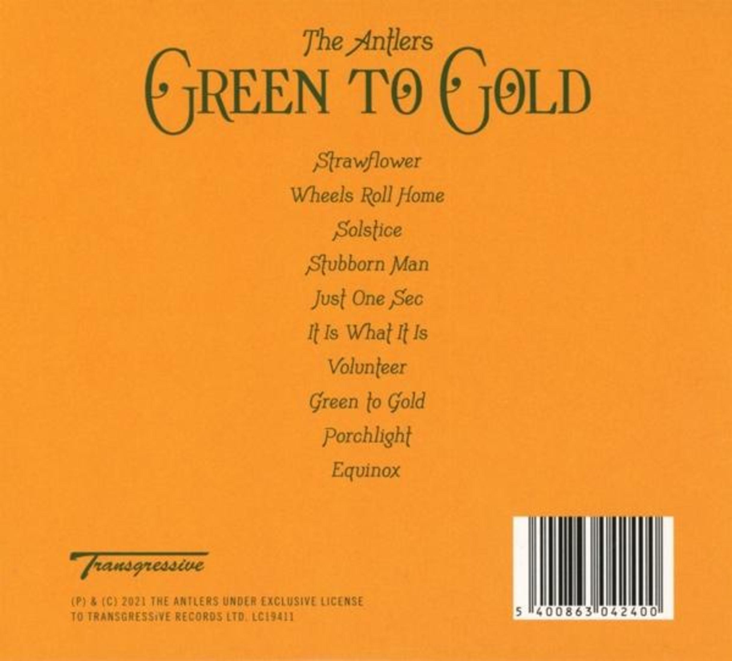 Rückseite des Albums "Green to Gold" von The Antlers auf orangefarbenem Hintergrund mit Tracklist und Barcode.