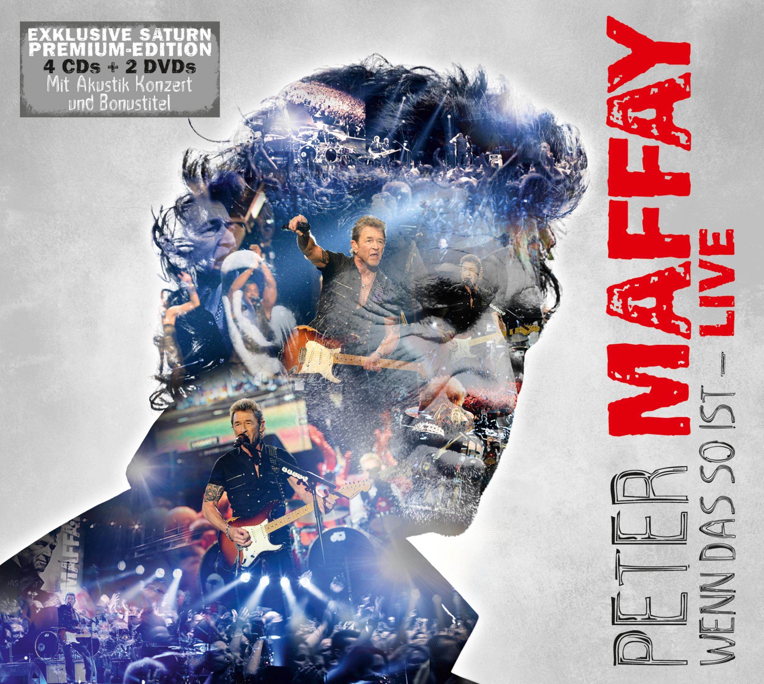Albumcover von Peter Maffay, Live-Konzertfotos im Profil eines Mannes, roter Text.
