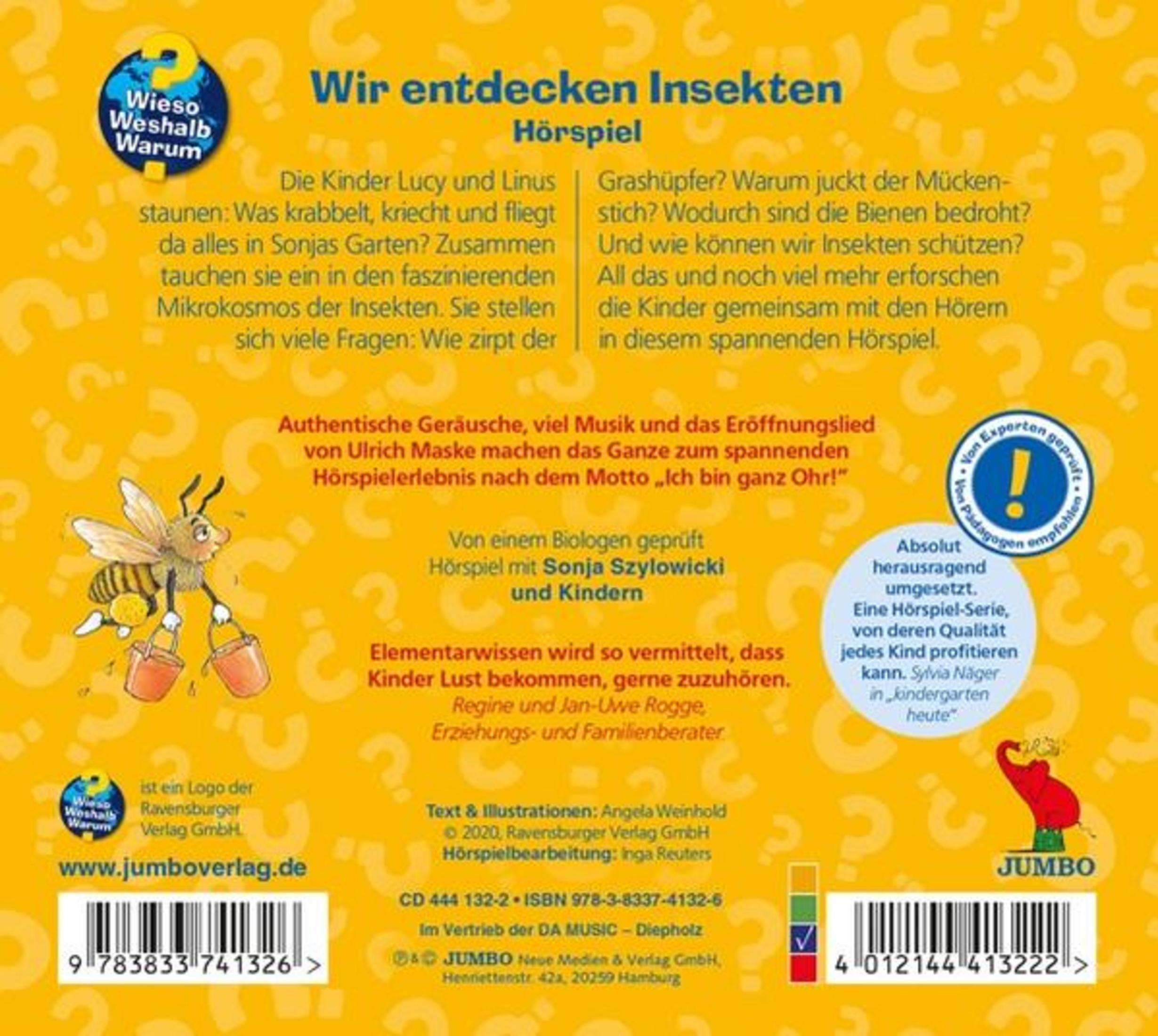 Gelbes Hörbuch-Cover über Insekten mit Text, einer Bienen-Illustration und Strichcodes.