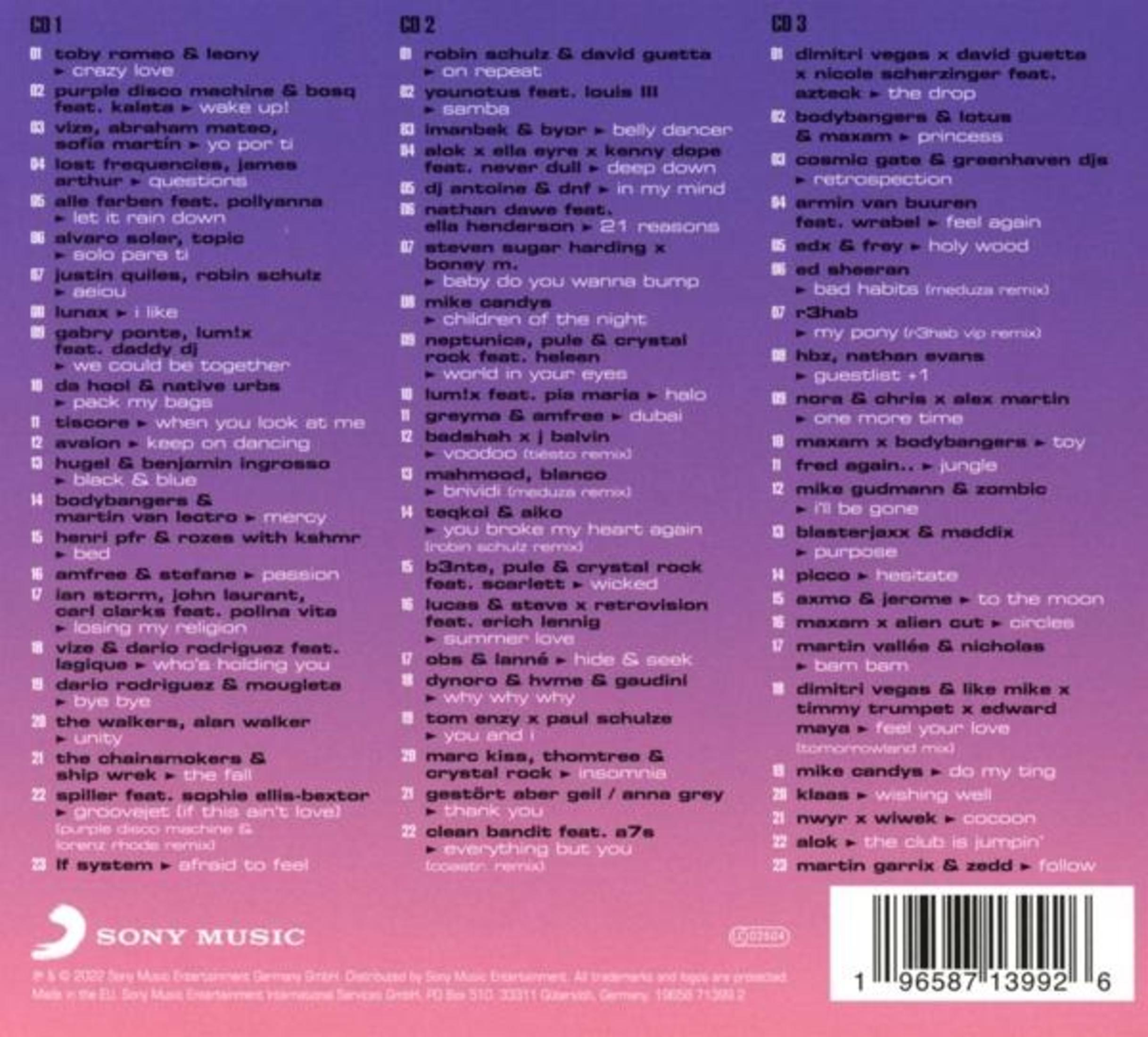 Rückseite einer Musik-CD-Hülle mit drei Spalten von Liedtiteln auf violettem Hintergrund.