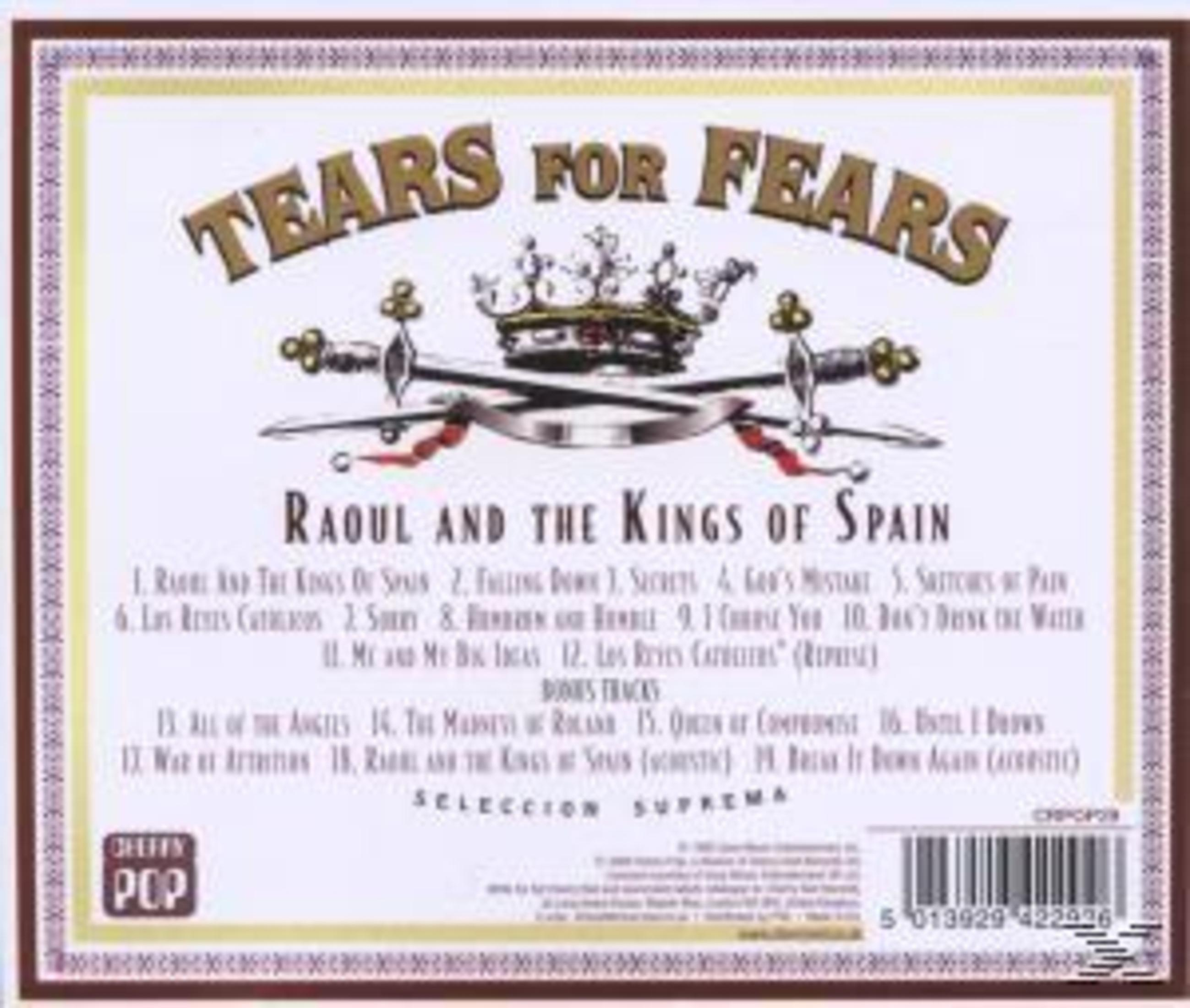 Rückseite des Albums "Raoul and the Kings of Spain" von Tears for Fears mit Tracklist und einer Krone über zwei Schwertern.