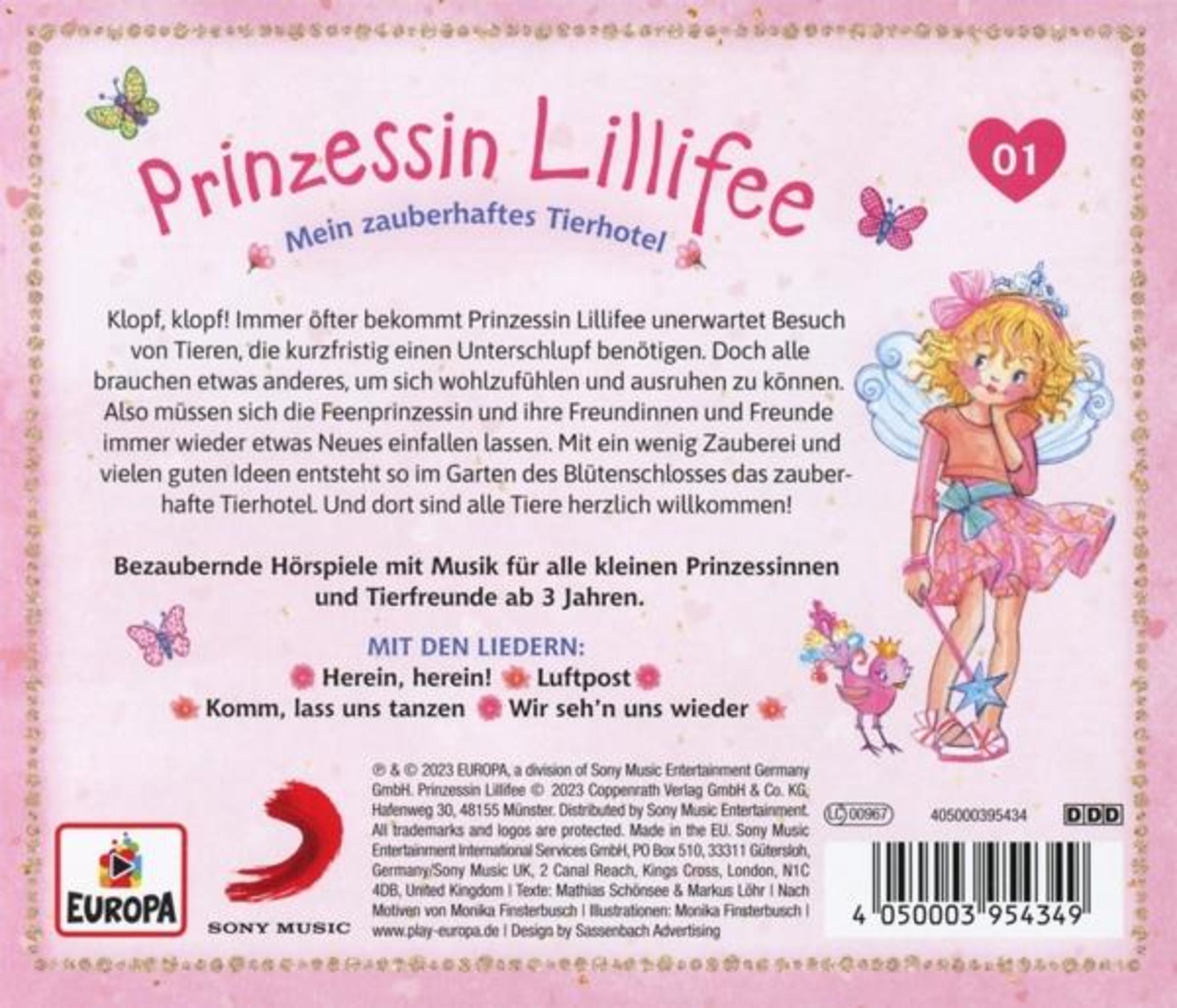 Rosa CD-Rückseite mit Prinzessin Lillifee, Text, Liedertiteln, Barcode und Sony Music Logo.