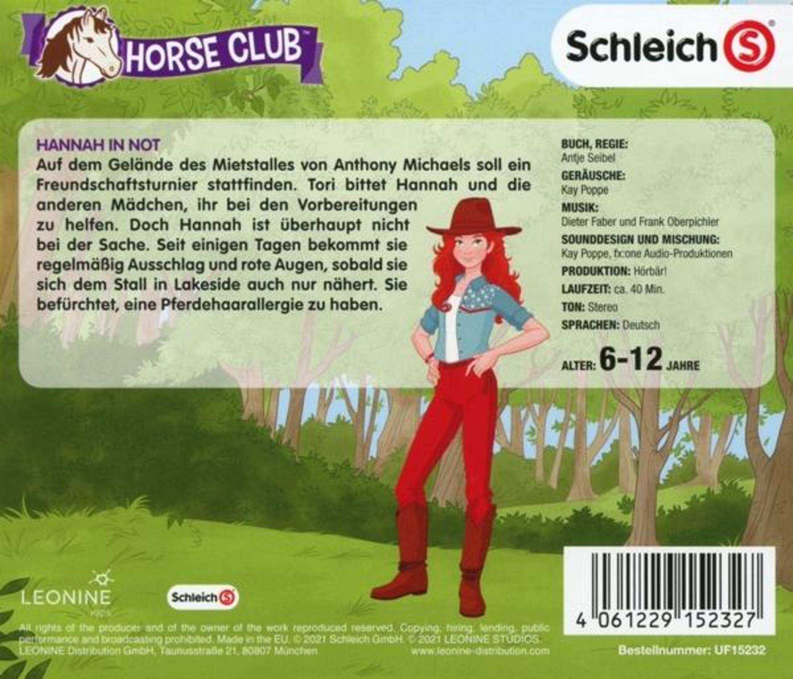 Rückseite einer Schleich Horse Club CD Hülle mit Hannah-Illustration und deutschem Beschreibungstext.