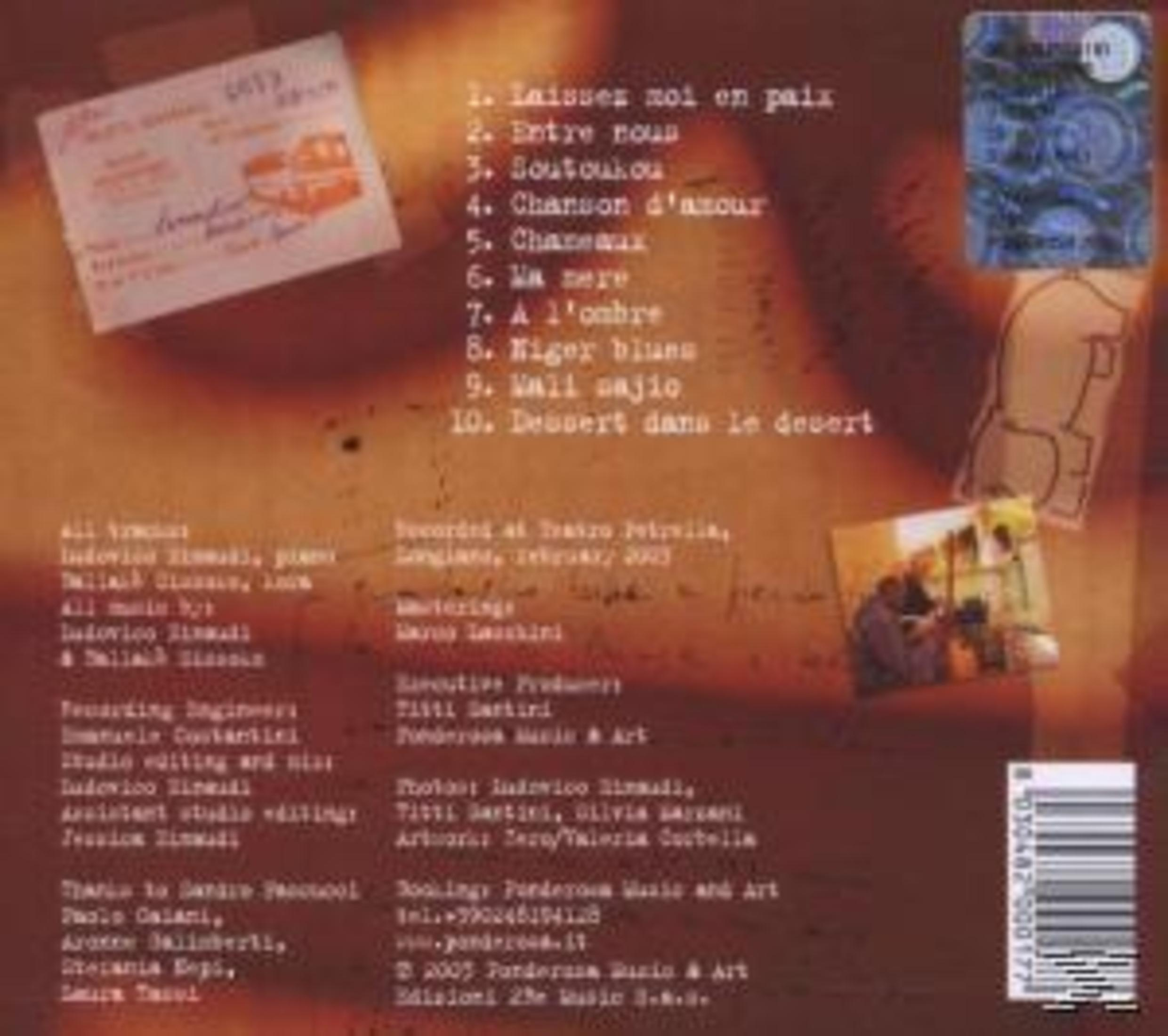 Rückseite einer Musik-CD mit gedruckter Tracklist, Hintergrundinformationen und einer Briefmarken-Optik.