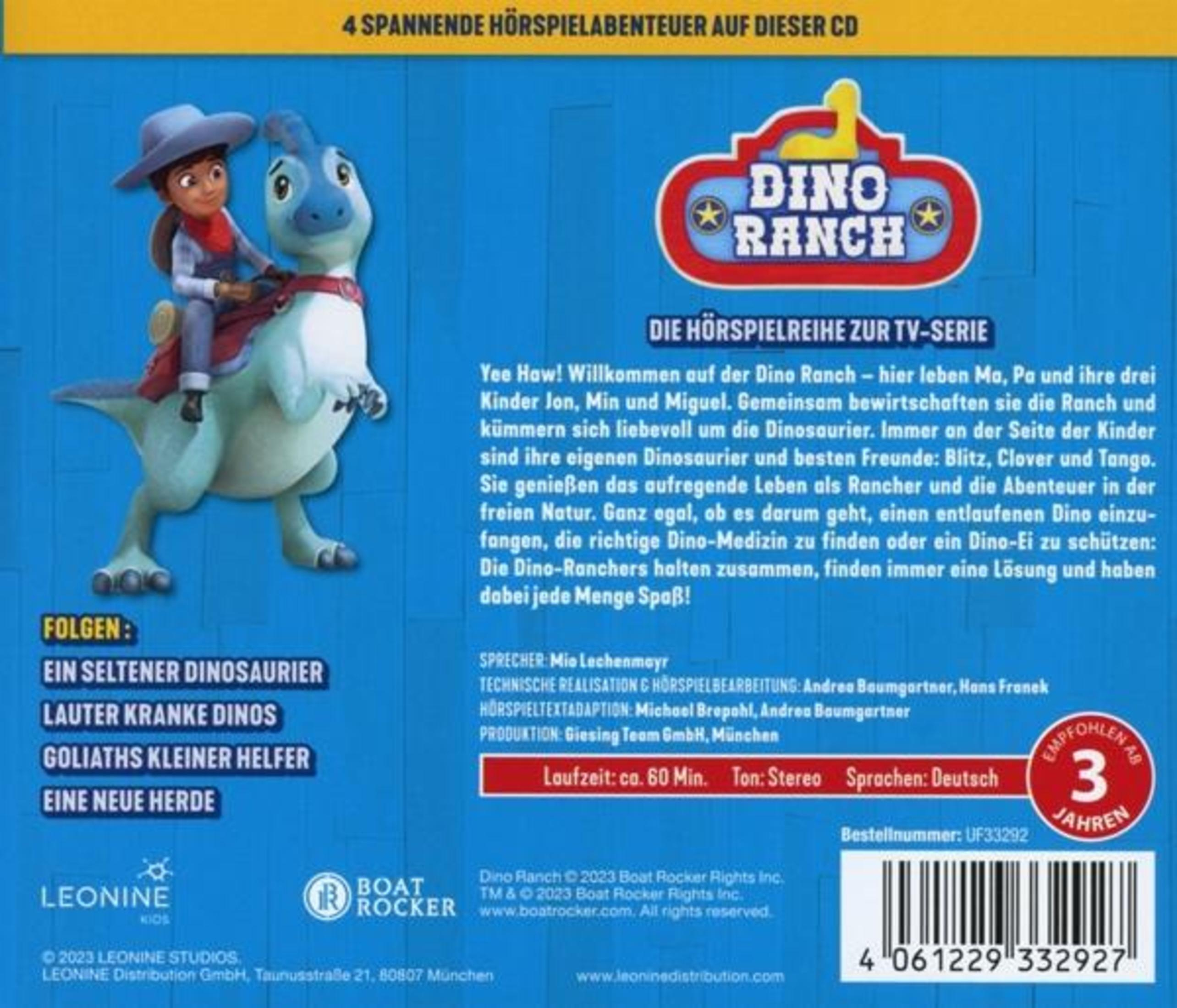 CD-Rückseite von Dino Ranch mit Charakteren, Texten, Logos und Barcode auf blauem Hintergrund.